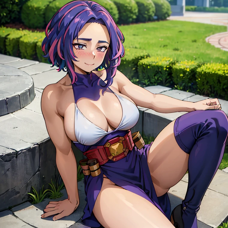 1girl, alone, lady nagant,(best quality, ultra detailed), ((full-face blush)), (detailed background:1.2), (perfect face, detailed face), looking at viewer, (mature female:1.4), smile lady_nagant, large breasts, short hair, sleeveless, streaked hair, bare shoulders, medium hair, belt, dress, purple hair,multicolored hair ,boots (garden, outdoors, sitting), perfect hands, perfect anatomy ((en bikini de color blanco "se resalte  las tetas" y  toda mojada)), *(("cara de excitada sacando la lengua" ))* (("en bikini ")) ((las piernas abiertas a en pose sexy en bikini))(( "sin falda" )) (("mostrando las bragas")) ((pose sexy mostrando sus  atributos)) ((las piernas abiertas viendo para la cámara mostrando  bragas))