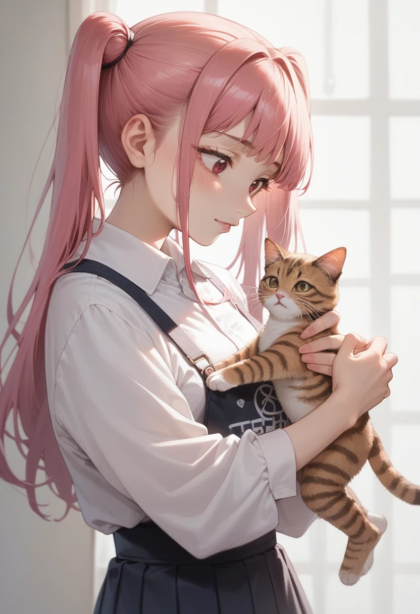 anime girl with pink hair holding a cat in her hands, inspired by Matsumura Goshun, marin kitagawa fanart, made with anime painter studio, inspired by Rei Kamoi, inspired by Rumiko Takahashi, juri misaki, in an anime style, kinmoza!, humanoid pink female squid girl, inspired by Tsubasa Nakai