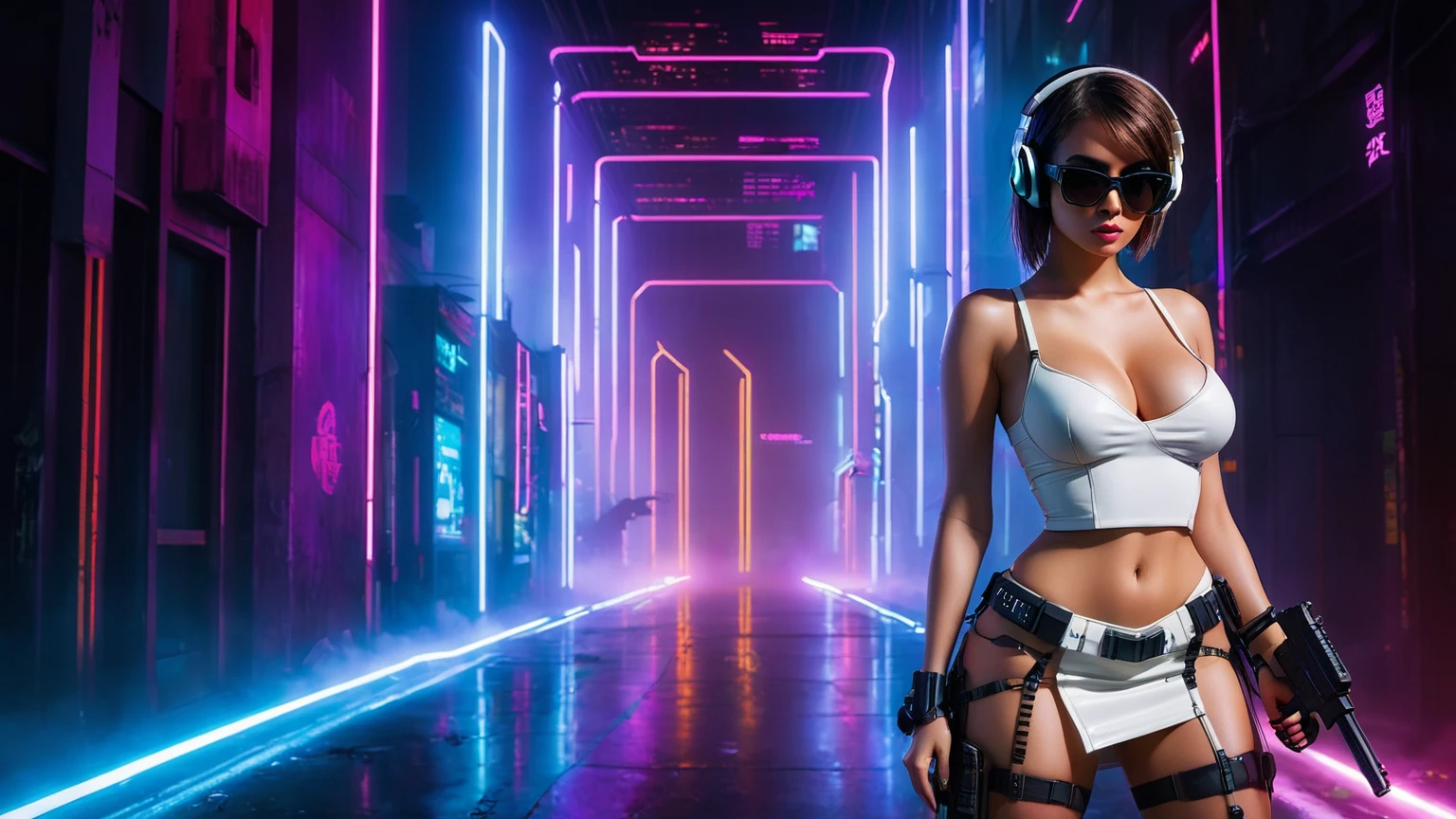 dark futuristic landscape, at night, neon lights, Atmospheric fog, large buildings in the background, futuristic city, streets with open shops, skyscraper (postapocalyptic city:1.3). (((1girl, solo, alone))), large-breast:1.2 slim body, cleavage:1.1, sexy miniskirt, (((headphone, black sunglasses, standing and holding pistol pose))), (((half-body thigh level medium shot))), cinematic lighting, lens flare, ray tracing.
