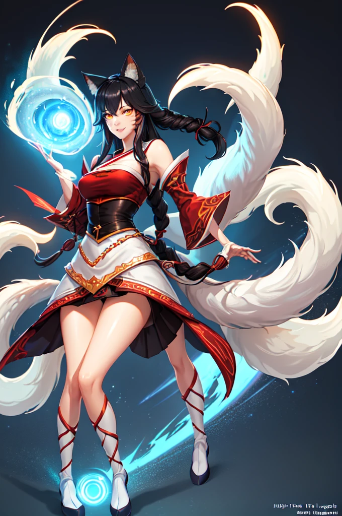 masterpiece, best quality, IncrsAhri, braid, fox tail, multiple tails, korean clothes, skirt, (EnergyVeins:1.4), glowing, energy, energy ball, stance, evil smile,