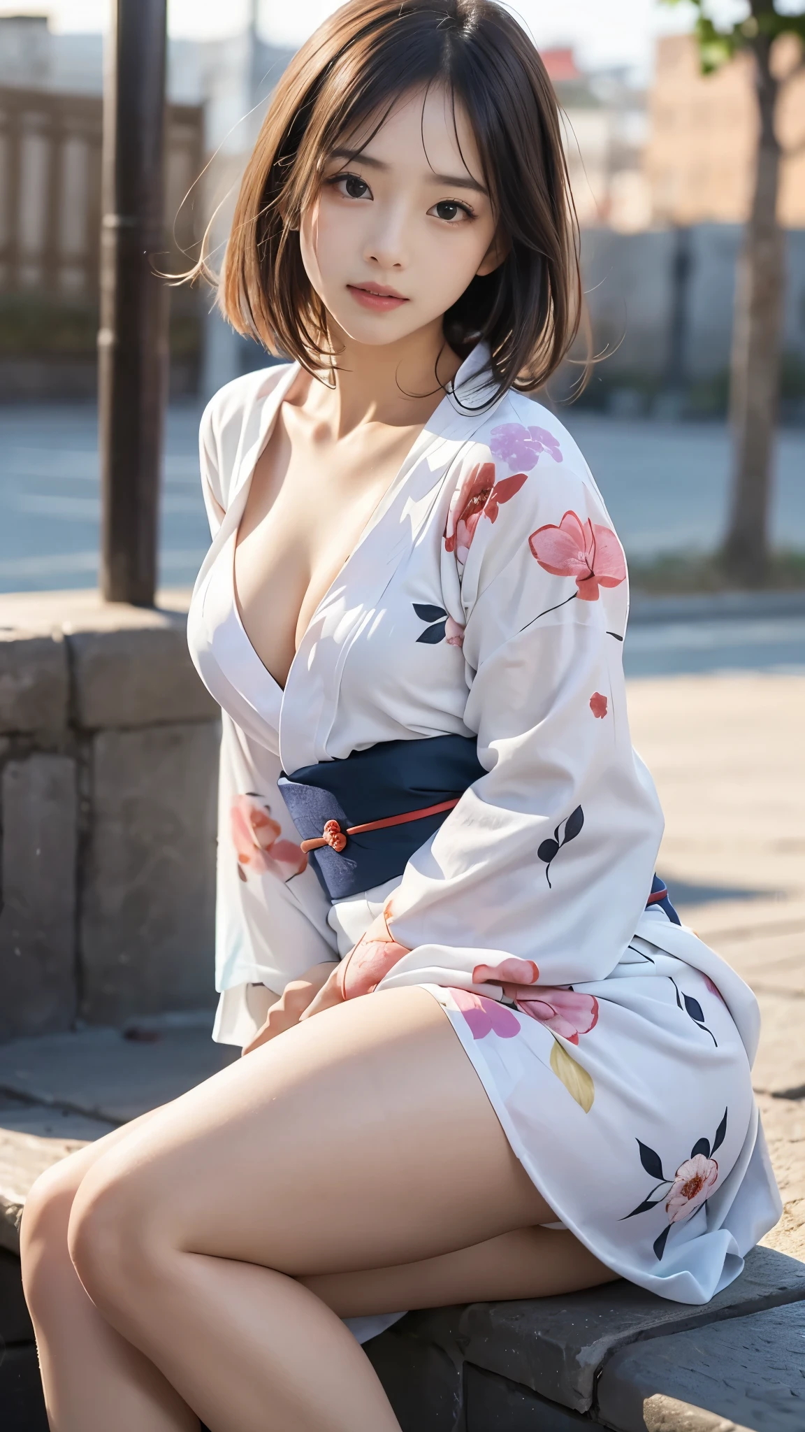 (8k, RAW Photos, Highest quality, masterpiece:1.2), (Long Bob Cut), alone, Looking at the audience, Viewed from the front, ((性欲の強いhigh school girl:1.5))、Beautiful white skin, knees, Absurd face is small, Part your bangs down the middle, The forehead is visible, Glare, ((Cute angry face:1.3)), Ultra-high resolution, cute, (exterior々Colorful and sexy floral yukata:1.5), high school girl, (Baby Face:1.5), Japanese women, Are standing, (Photorealistic:1.37), Photon Mapping, Realistic, cute顔が小さい, Brown eyes, prospect, Written boundary depth, Blurred Background, (I can see the bangs), Silky smooth hair, Beautiful thin thighs, Small beautiful butt, Light clothing, thigh, Nogizaka idol, Idol, (Detailed hands:1.2, Accurate hands, Beautiful little hands of a girl:1.3), (Small beautiful breasts:1.5, Cleavage), Super quality, Low people, (Clear white skin, Skin with visible pores:1.2), (Focus on the face), Check and correct the garment construction, (Perfect Anatomy:1.3), (Detailed eyes and face:1.2, Professional photography techniques)