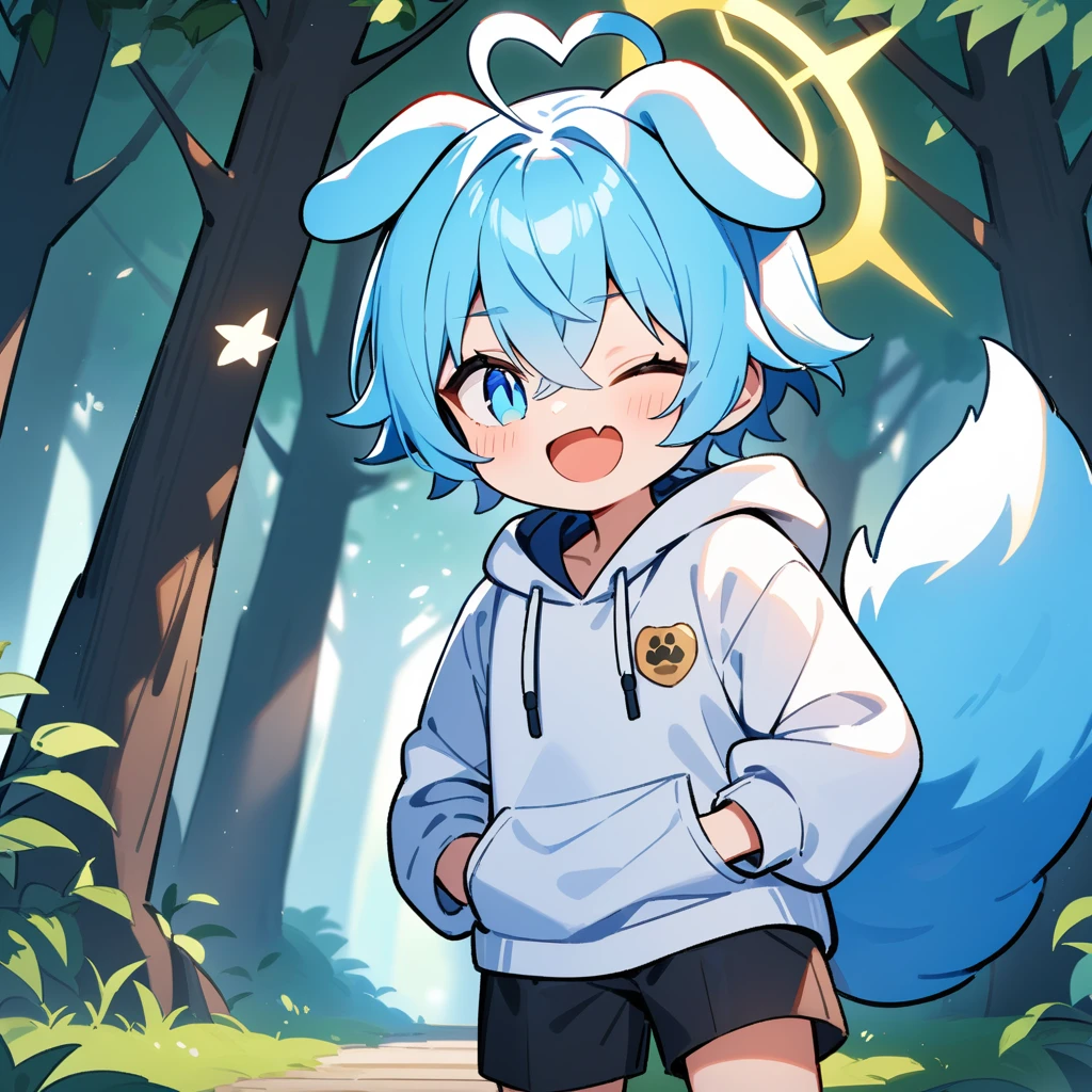 （masterpiece：1.2，high quality），4K，High resolution，A -year-boy，c boy， light blue hair，short hair，crossed bangs，light blue eyes，slit pupils，one eye closed，heart ahoge，yellow halo，dog ears，laughing，skin fang，Wearing a white hoodie，Black shorts，Stand in the forest，There are flowering trees on both sides.，primary scho，dog tail，（Put your hands in your pockets），（（Put your hands in your pockets））