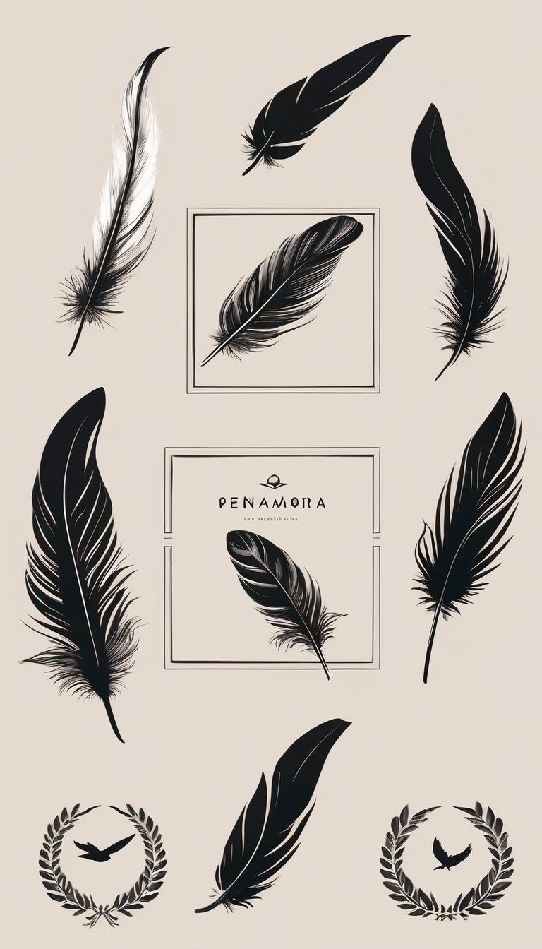 A minimal, modern, simple, cinematic logo design for the brand “Penamemoria". Create a modern, minimalistic, high-quality, masterpiece, fantastic, poetic feather that symbolizes dreams and stories.
