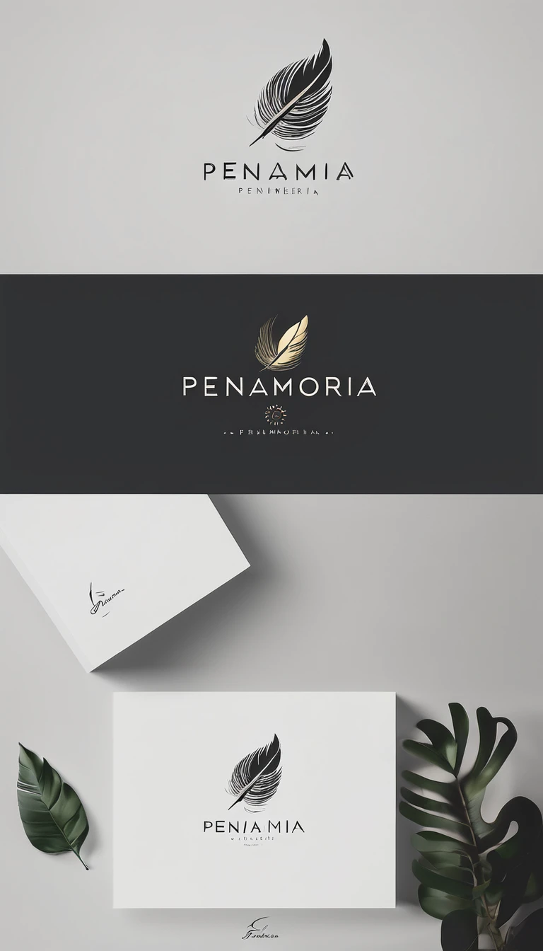 A minimal, modern, simple, cinematic logo design for the brand “Penamemoria". Create a modern, minimalistic, high-quality, masterpiece, fantastic, poetic feather that symbolizes dreams and stories.