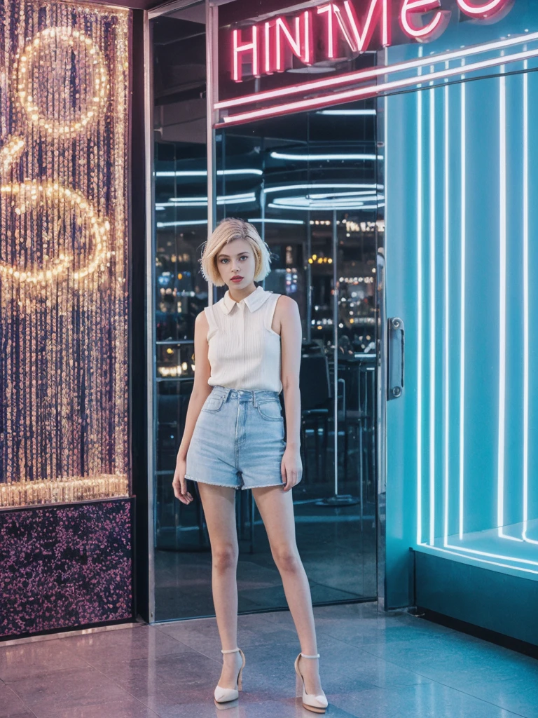 her name is Amelie, high quality, 1girl, ((20-year-old fit Caucasian woman)), ((20 years old)), ((SLIM)), ((short blonde hair)), pose: standing, wearing Contemporary Generation-Z modern wear pastel colored, BACKGROUND: On the Strip, with its dazzling lights, bustling casinos, and extravagant hotels.