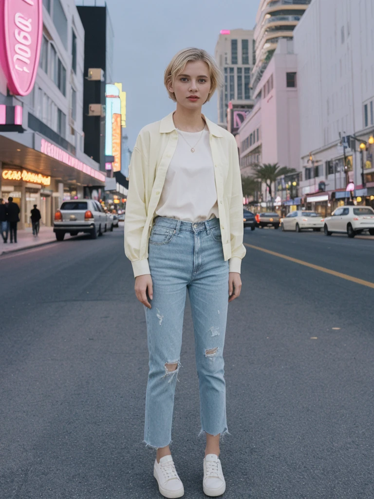 her name is Amelie, high quality, 1girl, ((20-year-old fit Caucasian woman)), ((20 years old)), ((SLIM)), ((short blonde hair)), pose: standing, wearing Contemporary Generation-Z modern wear pastel colored, BACKGROUND: On the Strip, with its dazzling lights, bustling casinos, and extravagant hotels.