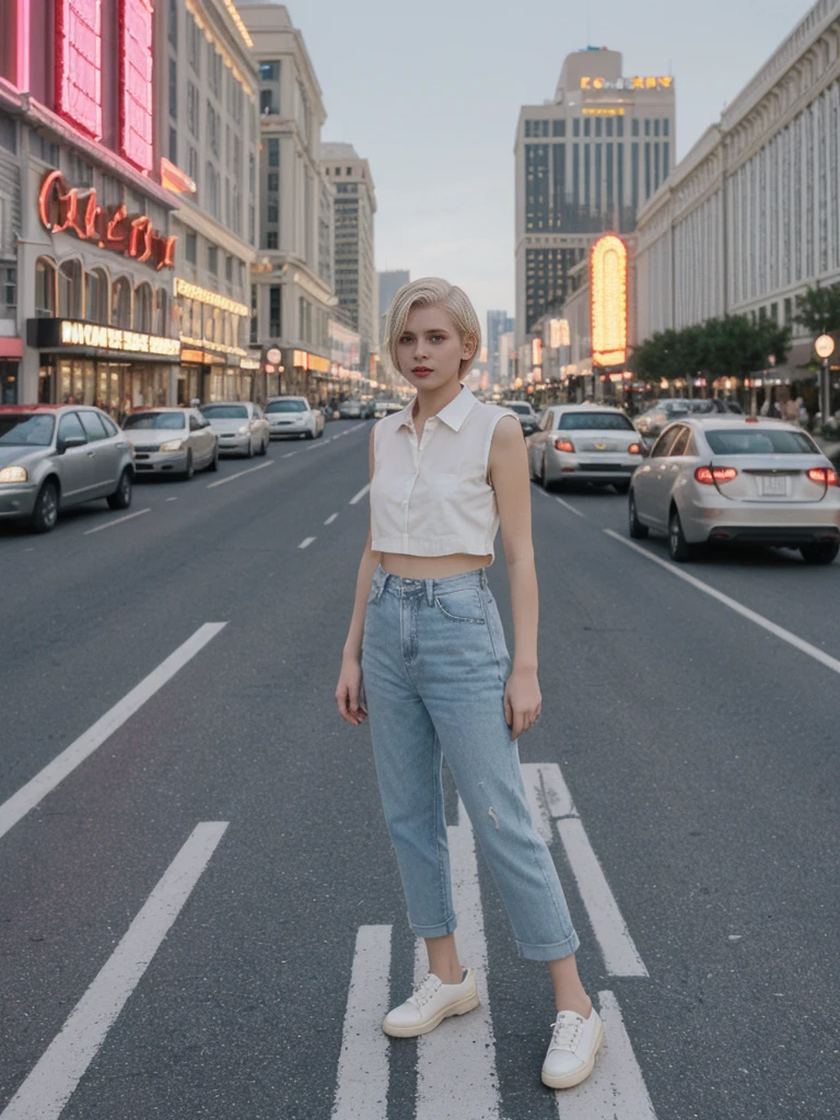 her name is Amelie, high quality, 1girl, ((20-year-old fit Caucasian woman)), ((20 years old)), ((SLIM)), ((short blonde hair)), pose: standing, wearing Contemporary Generation-Z modern wear pastel colored, BACKGROUND: On the Strip, with its dazzling lights, bustling casinos, and extravagant hotels.