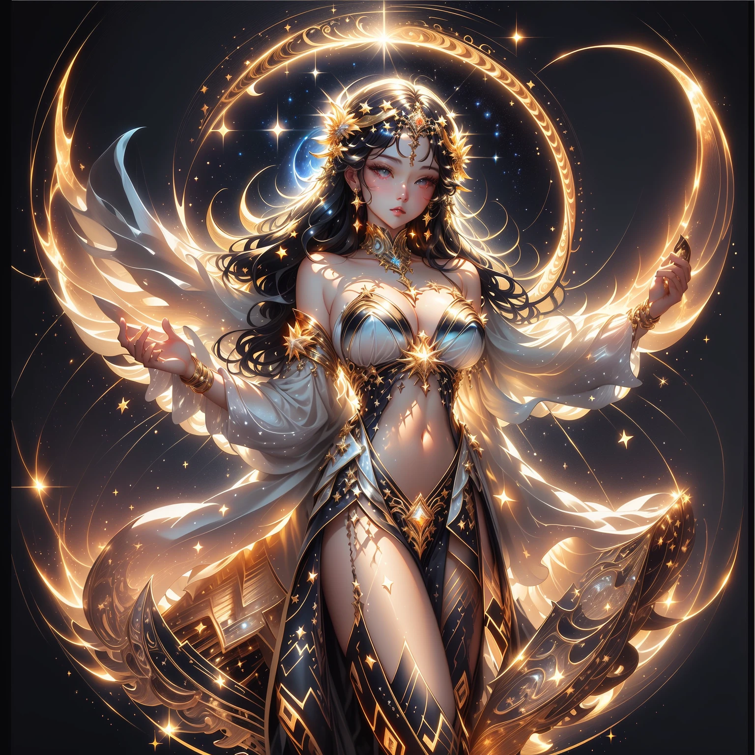 A woman in a golden dress stands in front of a starry sky., celestial goddess, beautiful heavenly mage, gorgeous goddess of leo, Argerm Julie Bell Beeple, goddess of light, moon goddess, as the goddess of the sun, Carole Bak and Peter Mohbacher, goddess. Very high detail, goddess of the sun, lunar goddess , Saw the navel. , star background , black hair , golden sparkle , Thin gold stockings