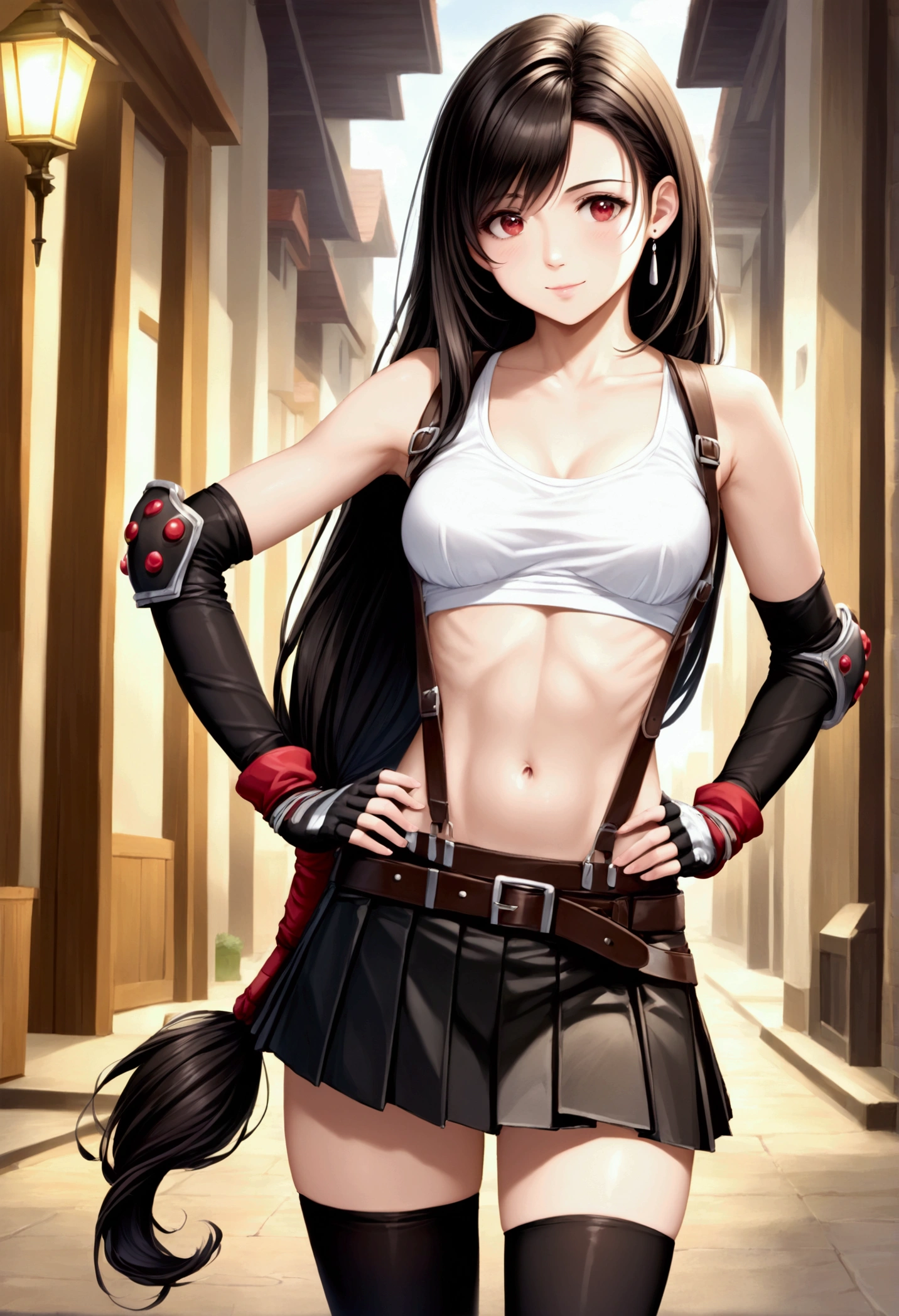 (score_9,score_8_up,score_7_up), masterpiece, best quality,
newest, recent, perfect anatomy,
official art, best perspective, depth of field,,((UHD,photorealistic)),
very aesthetic, illustration, perfect composition,, ,from front,front view,top angle,,contrapost pose,(upperbody) ,,straight-on,Solo,1girl, tifa lockhart, final fantasy,black hair, low-tied long hair, red eyes, bangs, (white tank top,gap),High exposure,Belly exposure,the ribs,(belt, pleated skirt, thighhighs, elbow fingerless gloves, elbow pads, midriff, navel,suspenders.skirt),beautiful waist ,(large_breast:1.3),light smile,,hand on own hip,daytime,outdoor,,
