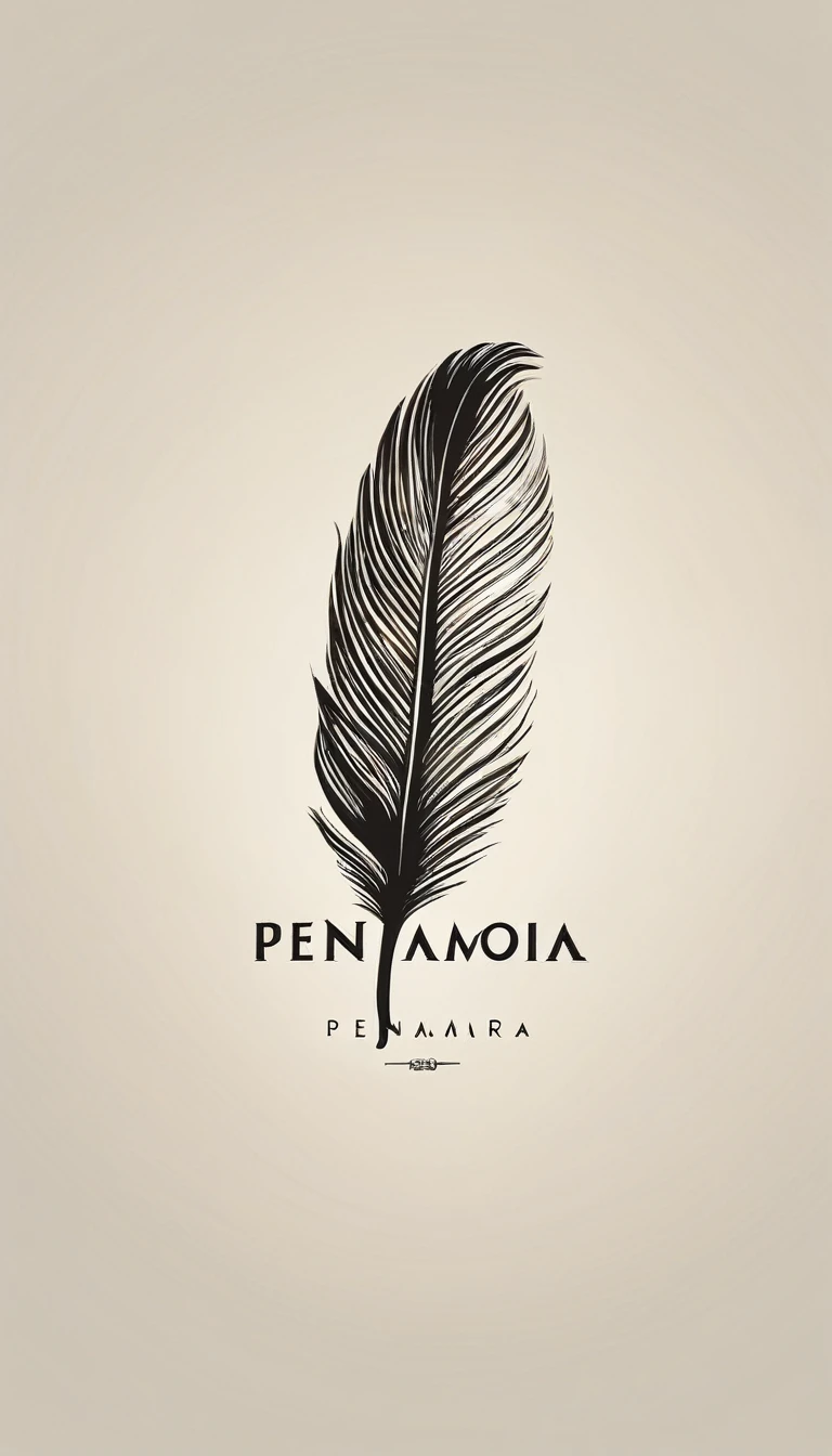 A minimal, modern, simple, cinematic logotype for the brand Penamemoria. The logotype must be a simple Memory Feather. Icon of a unique dreamy feather. The logo must convey a sense of music, stories and dreams. Logo design impressed on a book cover. Minimalistic logo and icon