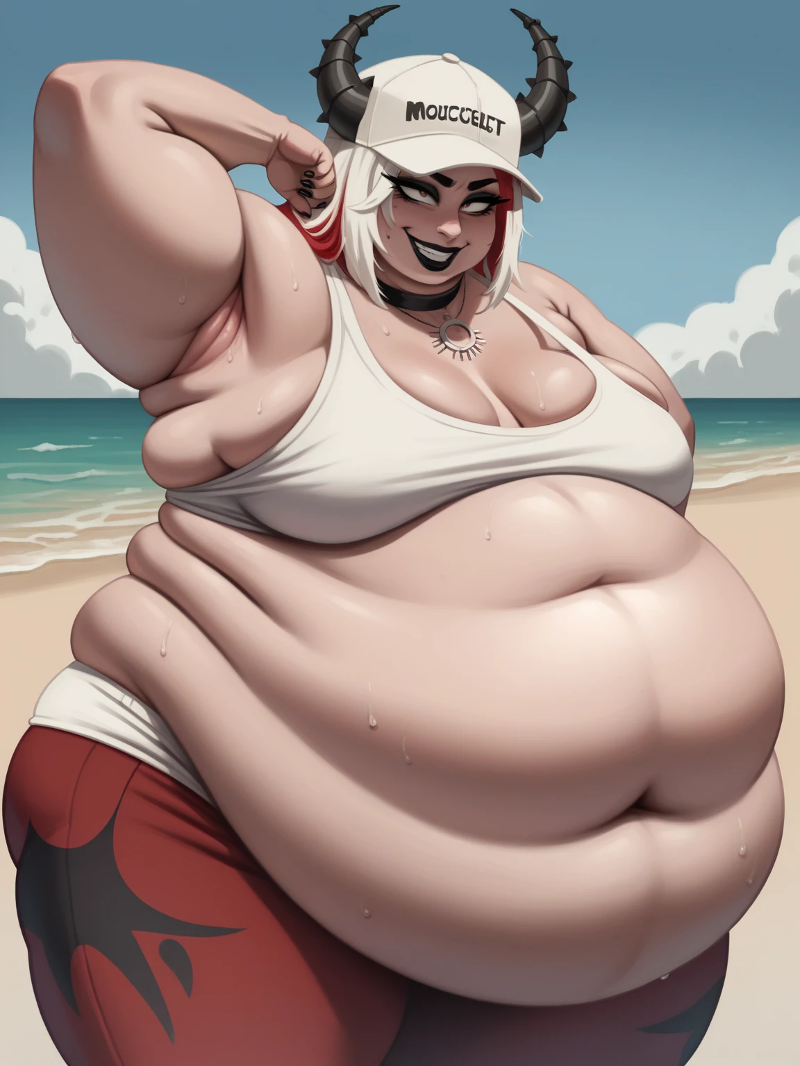 Masterpiece, perfect face, nostril piercing, black lipstick, perfect hands, Sunkissed skin all over, Thicc, black fingernails and toenails, extremely morbidly obese, black and red hair, ((wearing)), red and black top, grey sweat pants, detailed feet, voluptuous, smile, (anatomically correct), (Perfect/ realistic proportions:1.2), (overwhelmingly fat arms), ((extremely widest hips possible!)), ((extremely massive thick thighs, morbidly large belly), belly overhang!)), (1080P, 4k UHD, Masterpiece:2.1!) ((single)), background: brick