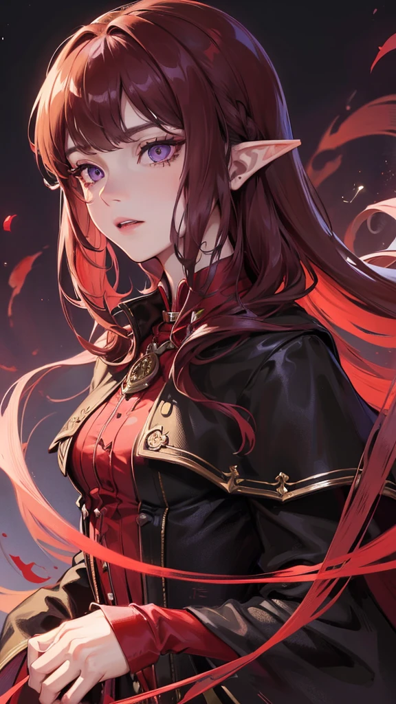 (Top resolution、Distinct_image)top-quality、A girl、​masterpiece、highly detailed, half body, Semi-realistic、purple eyes 、18year old, dark red hair,young 、Exquisite facial features、Facial features ,variation potrait, long  hairstyles, teenage, cool , cold sharp eyes, An expression of despair., lifeless eyes, blood on face and clothes, , {Very detailed 8k CG unit wallpaper}, Handsome, solo, female, vampires,  luxury dress, dark cloak, Gothic, elf ears , loyalty , black clothes 

