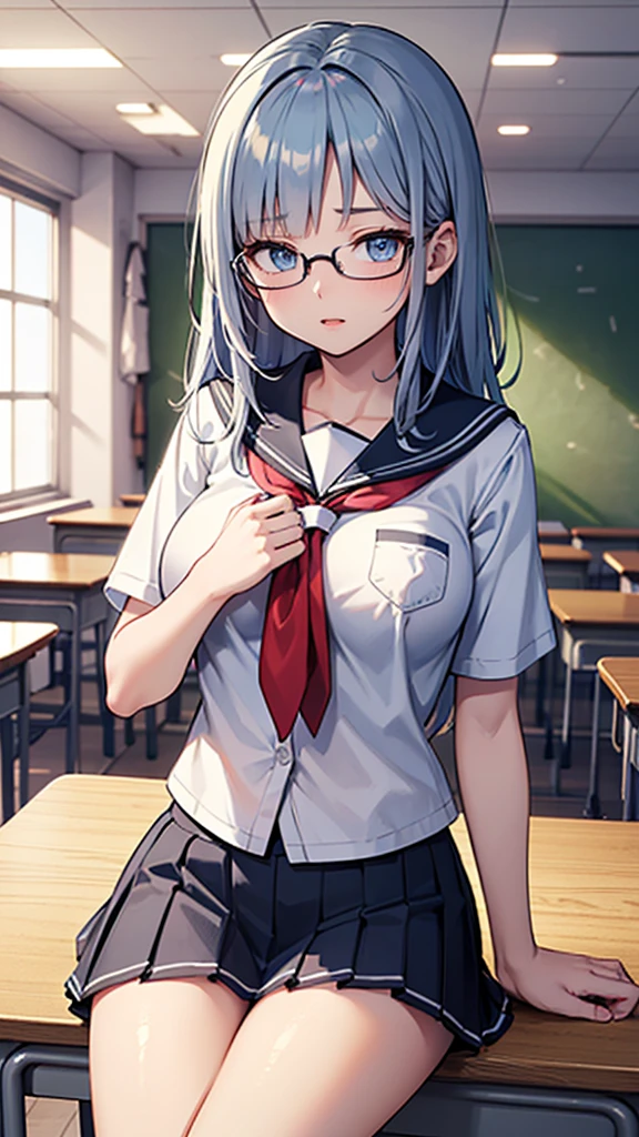 Create an anime-style illustration of a 17-year-old girl named Shizuka. She has long, straight, blue hair with bangs cut straight across her forehead. She has large, almond-shaped silver-blue eyes and porcelain-like white skin. Shizuka often wears glasses.Getting ready in the morning、Super big breasts、(Highest quality:1.4), (super high quality), (Very detailedな), 1 beautiful girl, So cute, (school uniform, Pleated mini skirt:1.5), (Very large breasts:1.1), (Slender body:1.1), (thin and delicate legs), Real skin texture, (Drop your bangs to the side), Bright and shiny lips, Advent of the Beautiful Goddess, Beautiful background, Golden Ratio, Conceptual Art, Very detailed, Accurate, Advanced Details, School classroom, Sit at a desk、Sexy Art, Bright light, Ultra-detailed illustration details, 8K wallpapers incorporating highly detailed CG, RAW Photos, Professional photos, Cinema Lighting, , (Nipple protrusions push up the uniform), Cropped tops, Long Hair