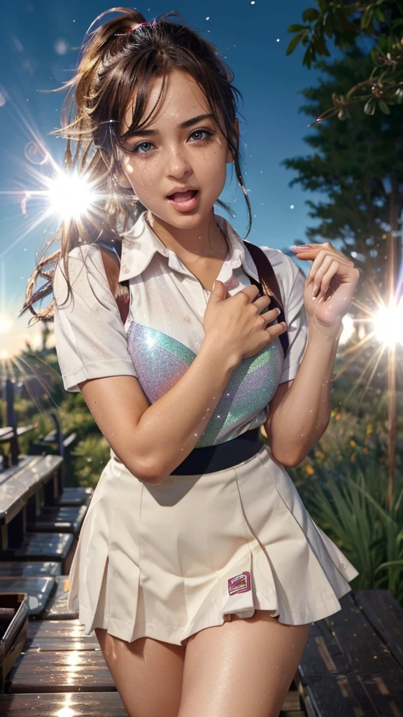 (Tabletop:1.4), ((Highest quality)), (Very detailed), ((cute)), (cute), (Upper Body), (Coloring), ((Very detailed)), 4K, (8k), Highest quality, (beautiful), figure, Anime Style, Dynamic Angle, shooting pose, Swaying your chest, (From wildcard:1.4), Thick outline, Clear contours, Gradation, (Full Body Focus), (English Garden), ,One Girl, alone, (School uniforms), (beautiful colored eyes),Slightly tanned skin,,Open your mouth, Sweat, vapor, Glitter effect, Lens flare, Shine, Shine