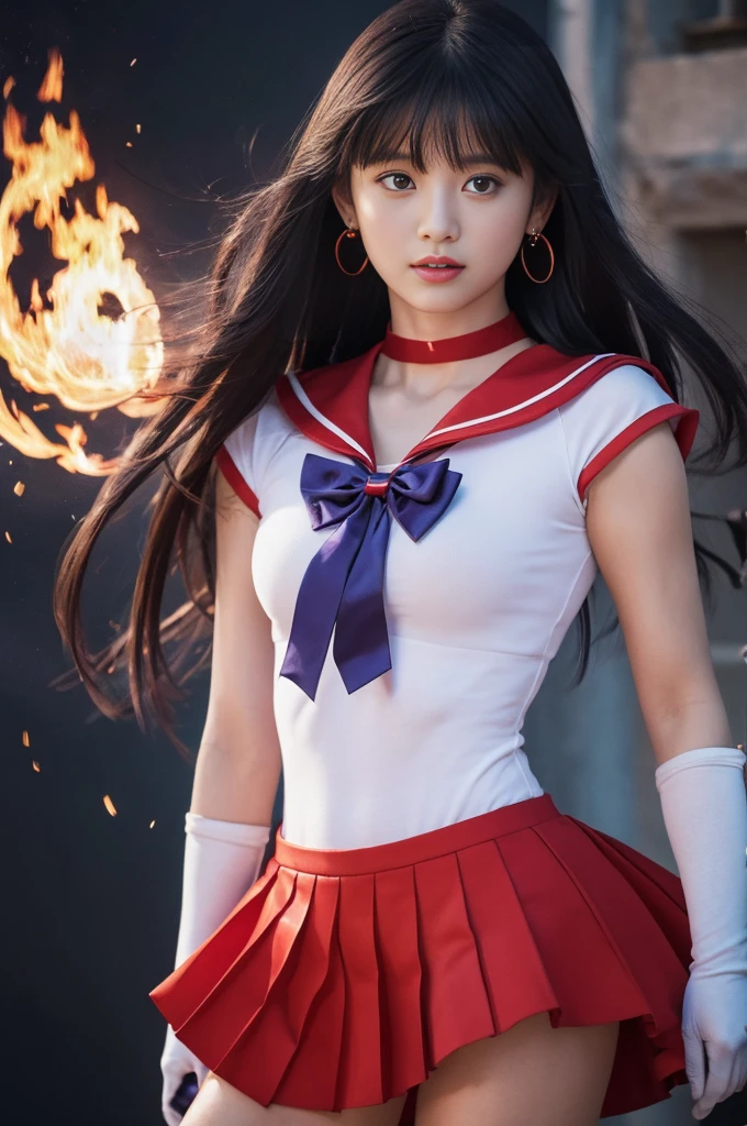 ((HD Real, Same 1 level)), Extremely realistic, masterpiece, Highest quality, High resolution, Same 1, space, Stunning beauty, Upper Body Shot, 1 girl, chest, gloves, lips, alone, Sailor Mars, Purple eyes, uniform, Show more1, tiara, sailor warrior uniform, (RAW Photos, Highest quality), masterpiece, 浮かぶ長いBlack Hair, Red Sailor Collar, bow, choker, 白いgloves, red choker, 肘用gloves, jewelry, Earrings, Red Skirt, only, whole body, Black Hair, (Perfect hands): 3.8, Octane Rendering, Goddess of Fire, (close: 1.2) In detail, Beautiful Eyes, close, Small eyes, Show Viewer, to8 contrast style, Octane line drawing, space background, Mars, There's flames all around her, Red Flame, Intense gaze, Clear Eyes, Hands down