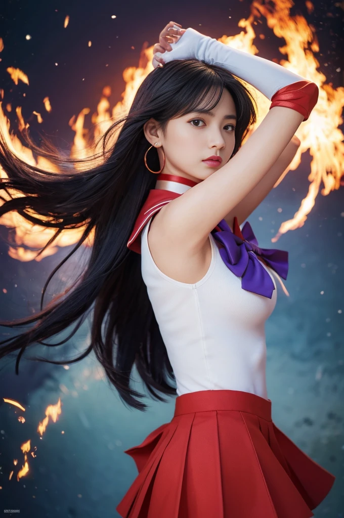 ((HD Real, Same 1 level)), Extremely realistic, masterpiece, Highest quality, High resolution, Same 1, space, Stunning beauty, Upper Body Shot, 1 girl, chest, gloves, lips, alone, Sailor Mars, Purple eyes, uniform, Show more1, tiara, sailor warrior uniform, (RAW Photos, Highest quality), masterpiece, 浮かぶ長いBlack Hair, Red Sailor Collar, bow, choker, 白いgloves, red choker, 肘用gloves, jewelry, Earrings, Red Skirt, only, whole body, Black Hair, (Perfect hands): 3.8, Octane Rendering, Goddess of Fire, (close: 1.2) In detail, Beautiful Eyes, close, Small eyes, Show Viewer, to8 contrast style, Octane line drawing, space background, Mars, There&#39;s flames all around her, Red Flame, Intense gaze, Clear Eyes, Hands down
