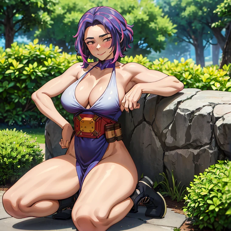 1girl, alone, lady nagant,(best quality, ultra detailed), ((full-face blush)), (detailed background:1.2), (perfect face, detailed face), looking at viewer, (mature female:1.4), smile lady_nagant, large breasts, short hair, sleeveless, streaked hair, bare shoulders, medium hair, belt, dress, purple hair,multicolored hair ,boots (garden, outdoors, sitting), perfect hands, perfect anatomy ((en bikini de color blanco "se resalte  las tetas" y  toda mojada)), *(("cara de excitada sacando la lengua" ))* (("en bikini ")) ((las piernas abiertas a en pose sexy en bikini))(( "sin falda" )) (("mostrando las bragas")) ((pose sexy mostrando sus  atributos)) ((las piernas abiertas viendo para la cámara mostrando  bragas))