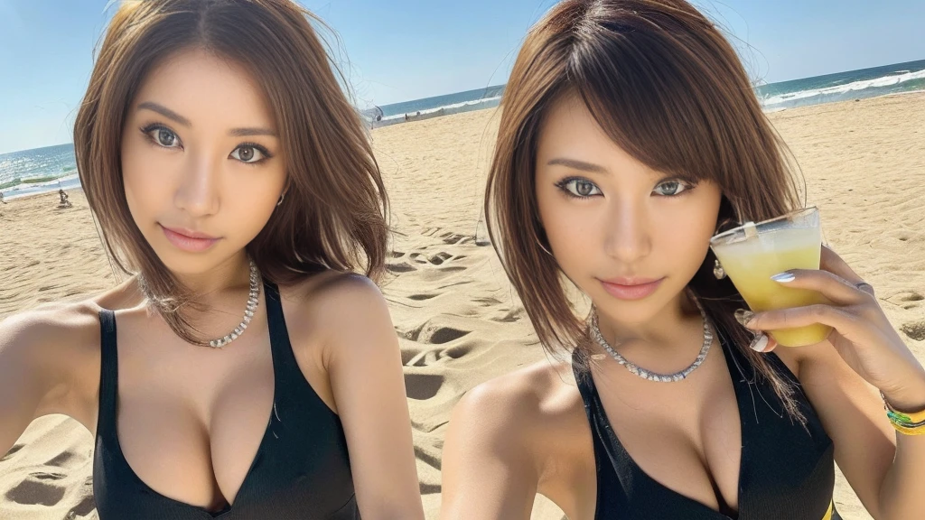 ((Photorealistic lighting, highest quality, 8k, masterpiece:1.3)), clear focus:1.2, viewer discretion advised (New South Wales) (New South Wales) (New South Wales):1.2, ((realistic)), ((natural light, highest quality)), model-like figure:1.4, (dark brown hair, chest out:1.2), short hair, solo, setting, (25 years old:1.3), highly detailed face, detailed eyes, double eyelids, necklace, wristband, eyeliner, colorful bikini, legs apart, (large), (black dress), (seaside, beach, sandy shore, drinking alcohol)