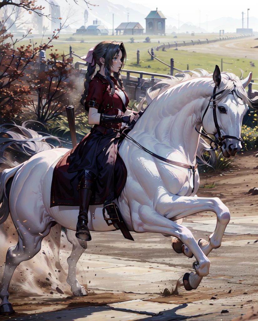 ((best quality)), ((anime masterpiece)), (high detailed), 8k, cinematic lighting, realistic, HDR, vivid color, a female knight riding a WHITE HORSE, {brunette}, (red armor, white gauntlet, pink miniskirt, brown boots), river, anatomically correct
