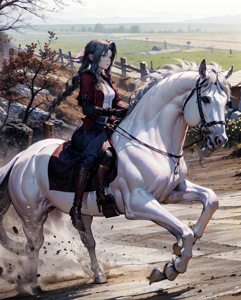 ((best quality)), ((anime masterpiece)), (high detailed), 8k, cinematic lighting, realistic, HDR, vivid color, a female knight riding a WHITE HORSE, {brunette}, (red armor, white gauntlet, pink miniskirt, brown boots), river, anatomically correct
