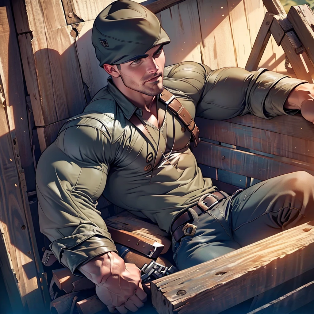 solo man ,32k, high quality , detailed face , detailed fingers ,detailed muscles , (((Stephen AMELL)))) wearing a cowboy outfit , unbuttoned vintage pants, shirtless, , , wearing a vintage cowboy fancy hat , a vintage belt with guns on both sides ,having a dark blond short hair , a thick facial hair , nipples, ,hunk and handsome, laying on his back in the hay in a stable , spread legs , volumetric lighting, Masterpiece detail stable and hay in the background
