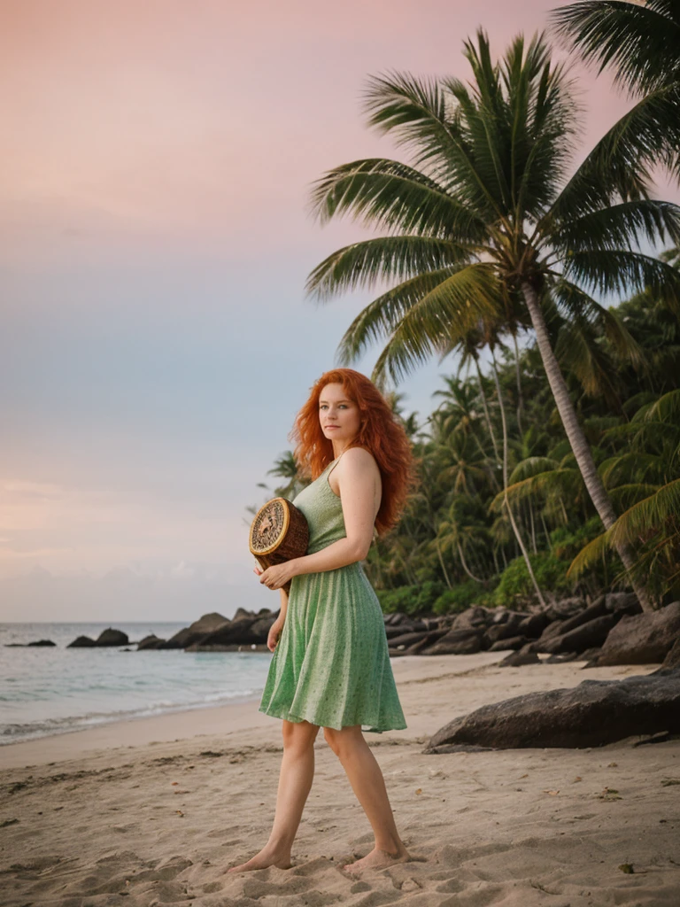 portrait, her name is Mia, high quality, 1 old woman, ((40-year-old guitar shaped body irish woman)), (((40 years old))), ((guitar shaped body)), wide hips, (wrinkled body), (old body), (((red hair))), (pale skin), ((green eyes)), she is wearing a crochet skirt and top (different colors), POSE: standing, BREAK, BACKGROUND: outdoor: tropical beach at dawn, pastel sky, gentle waves, soft light, seashells, palm trees, boats