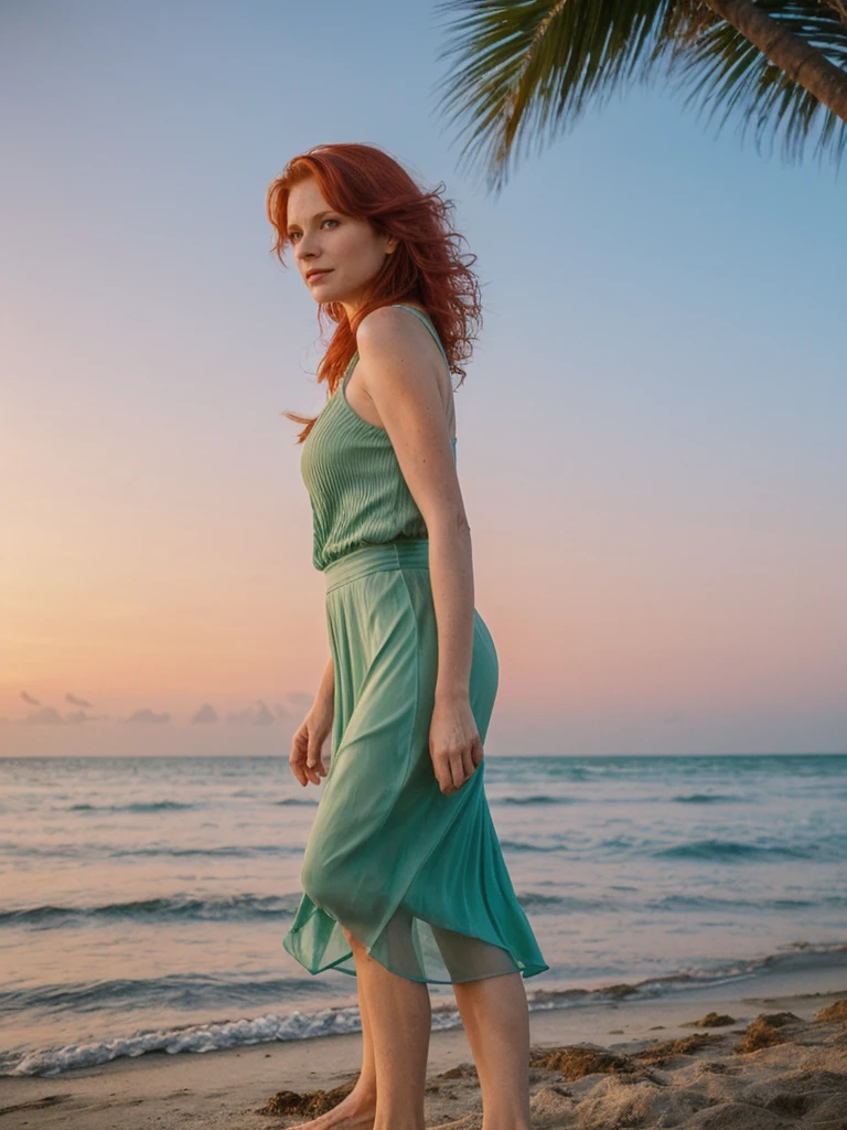portrait, her name is Mia, high quality, 1 old woman, ((40-year-old guitar shaped body irish woman)), (((40 years old))), ((guitar shaped body)), wide hips, (wrinkled body), (old body), (((red hair))), (pale skin), ((green eyes)), she is wearing a crochet skirt and top (different colors), POSE: standing, BREAK, BACKGROUND: outdoor: tropical beach at dawn, pastel sky, gentle waves, soft light, seashells, palm trees, boats