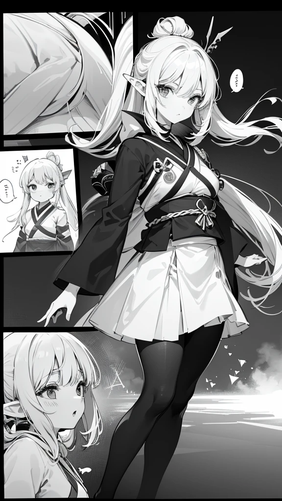 High resolution, 8K Ultra HD, ((best quality)),((white and black)), ((mono)), Japanese manga.  ((((3 Frame division)))). ((Speech bubble)). Onomatopoeia. elf warrior.