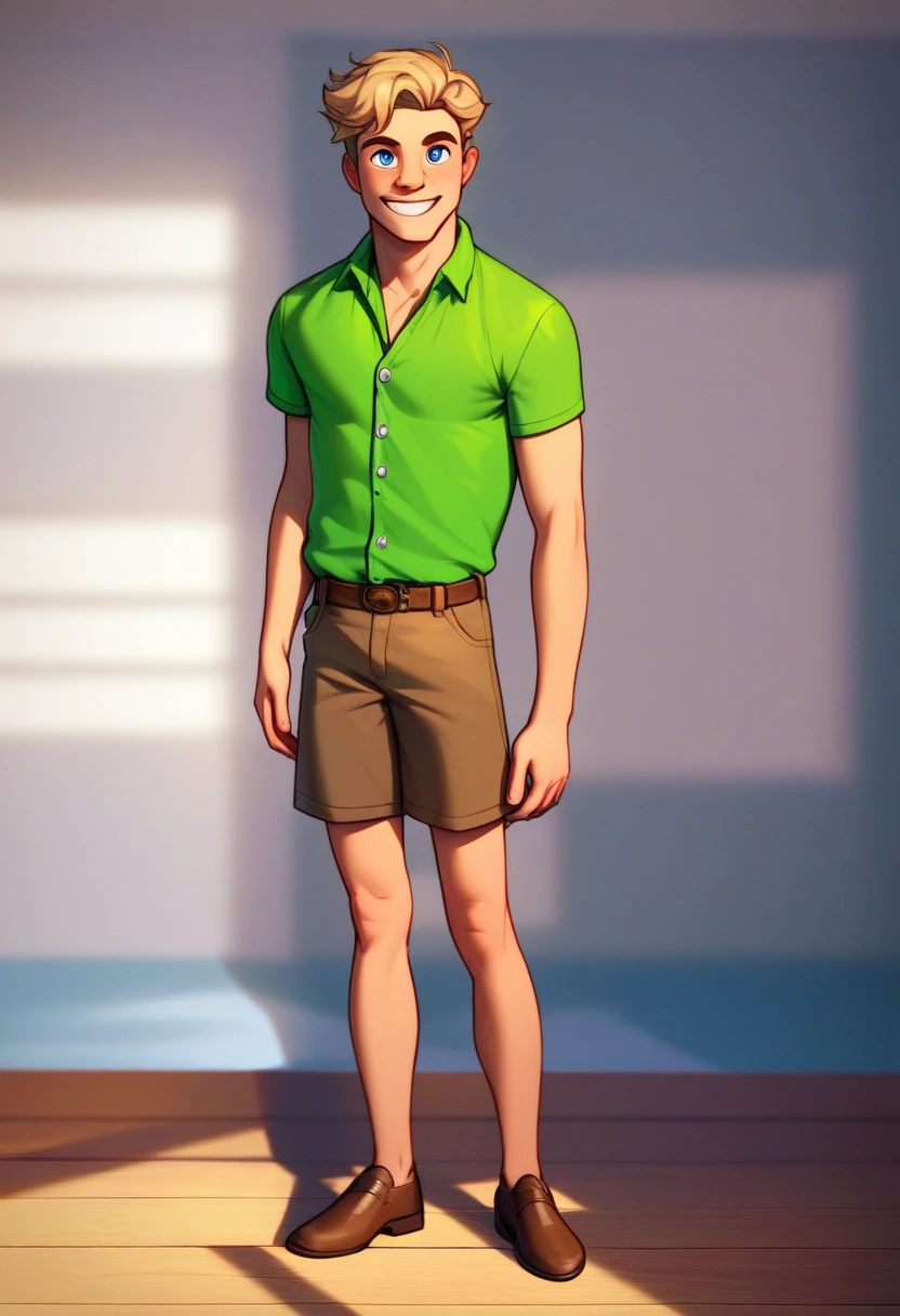 hank_huckerdoo, solo, looking at viewer, smile, short hair, blue eyes, brownish blonde hair, shirt, 1boy, standing, full body, male focus, lime green golf shirt, blue trouser shorts, brown belt, b, brown shoes, tall, three white buttons, grin, teeth