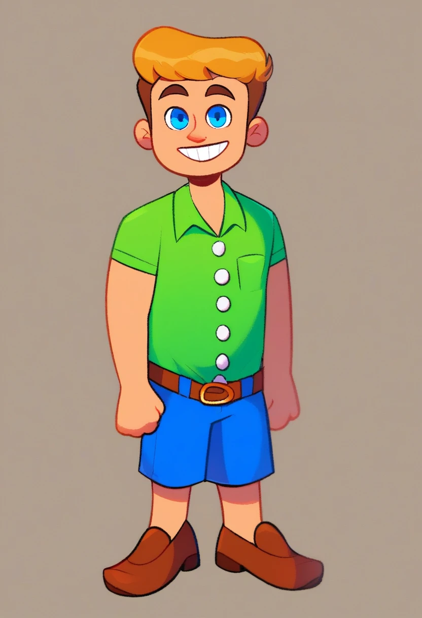 hank_huckerdoo, solo, looking at viewer, smile, short hair, blue eyes, brownish blonde hair, shirt, 1boy, standing, full body, male focus, lime green golf shirt, blue trouser shorts, brown belt, b, brown shoes, tall, three white ons, grin, teeth
