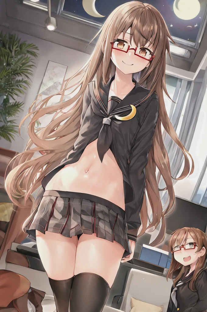 Highest quality, masterpiece, High resolution, alone, {full moon_Fleet Collection:1.15}, Long Hair, Brown Hair, Glasses, brown_eye, red-framed_Glasses, semi-rimless_Glasses, Crescent Moon, black_Seraphim, blush, Under Rim_Glasses, One girl, Closed_eye, Open_mouth, School_uniform, (indoor, office, living room), , blackスカート, smile, (Petite),((nsfw)), Flat Chest