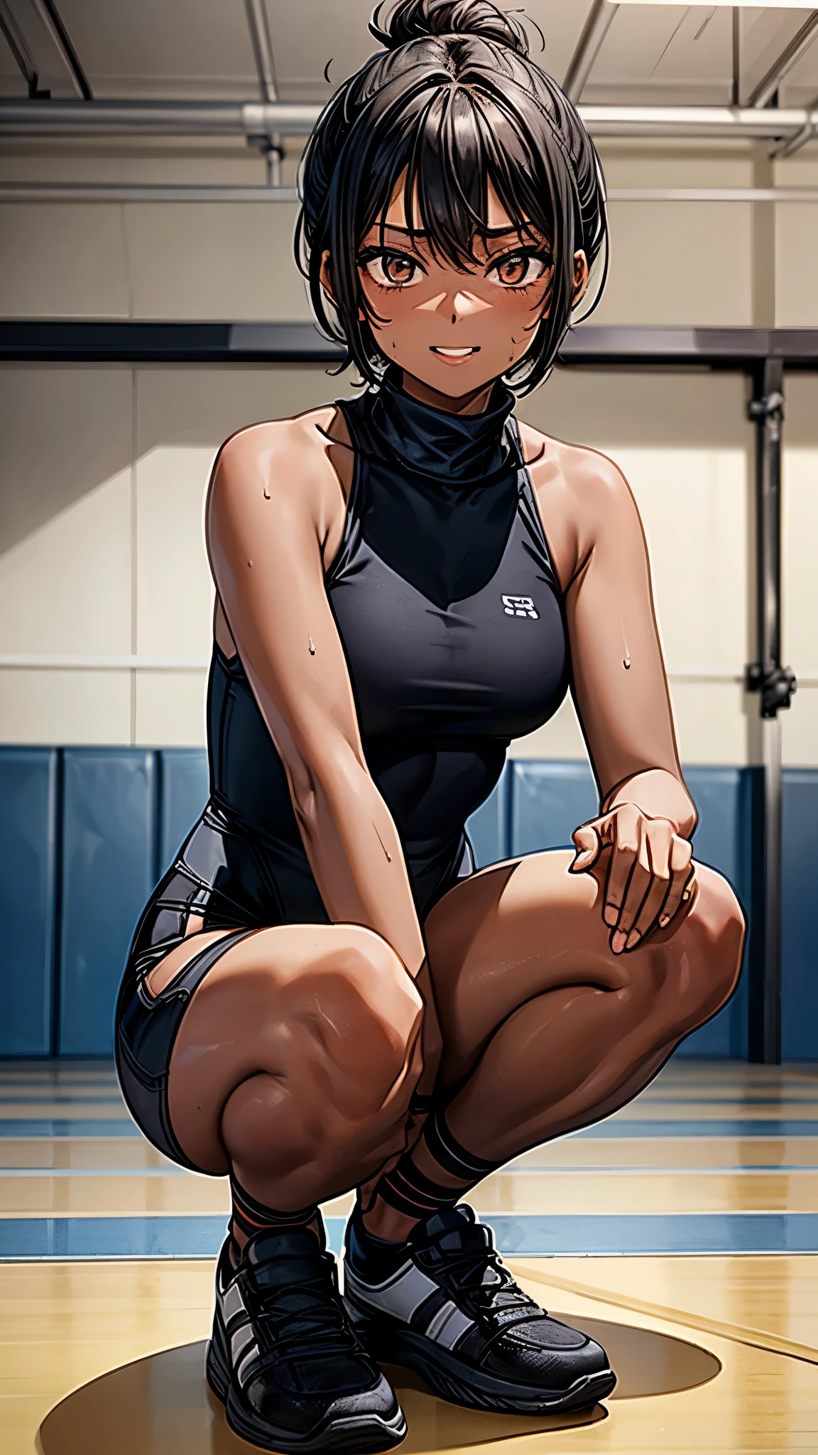 ((Face focus2.0)),,Inside the sports gym,inside the dance studio,((squatting)),One  girl,sweat,(dark skin color),short black hair,seductive smile,high-neck-leotard,leg-warmer,sneaker.