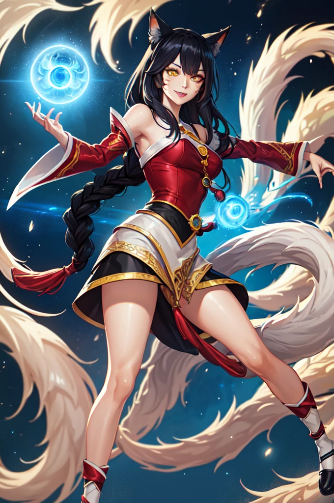 seketch art style,arhi , league of legends champion,masterpiece, best quality, IncrsAhri, braid, fox tail, multiple tails, korean clothes, skirt, (EnergyVeins:1.4), glowing, energy, energy ball, stance, evil smile,