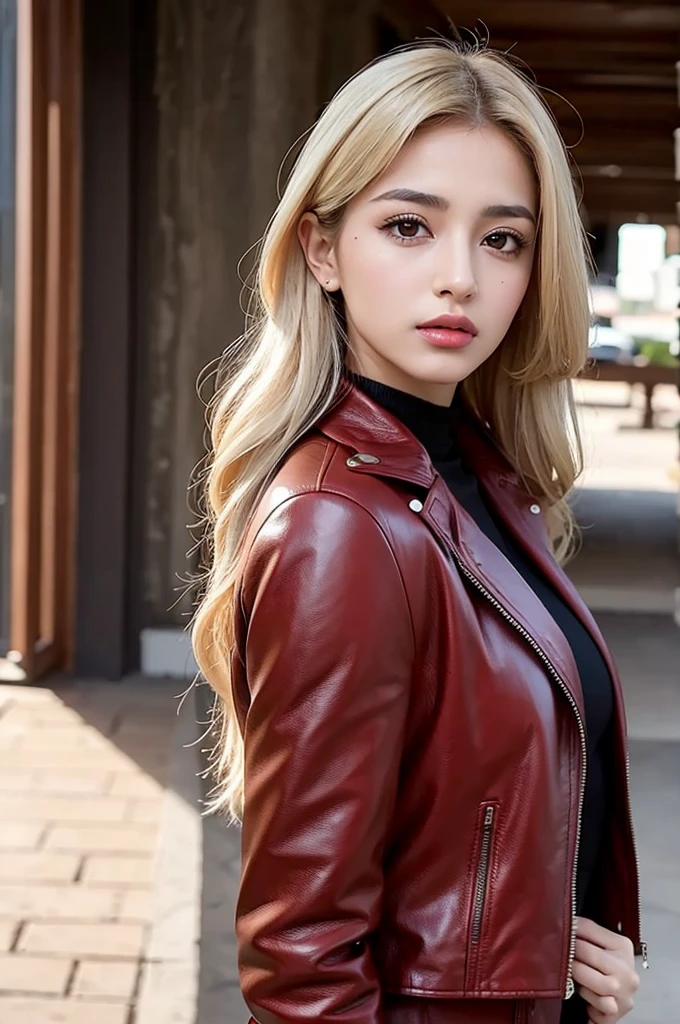 An Iranian girl with blond hair and light brown eyes in a red dress , a black leather jacket