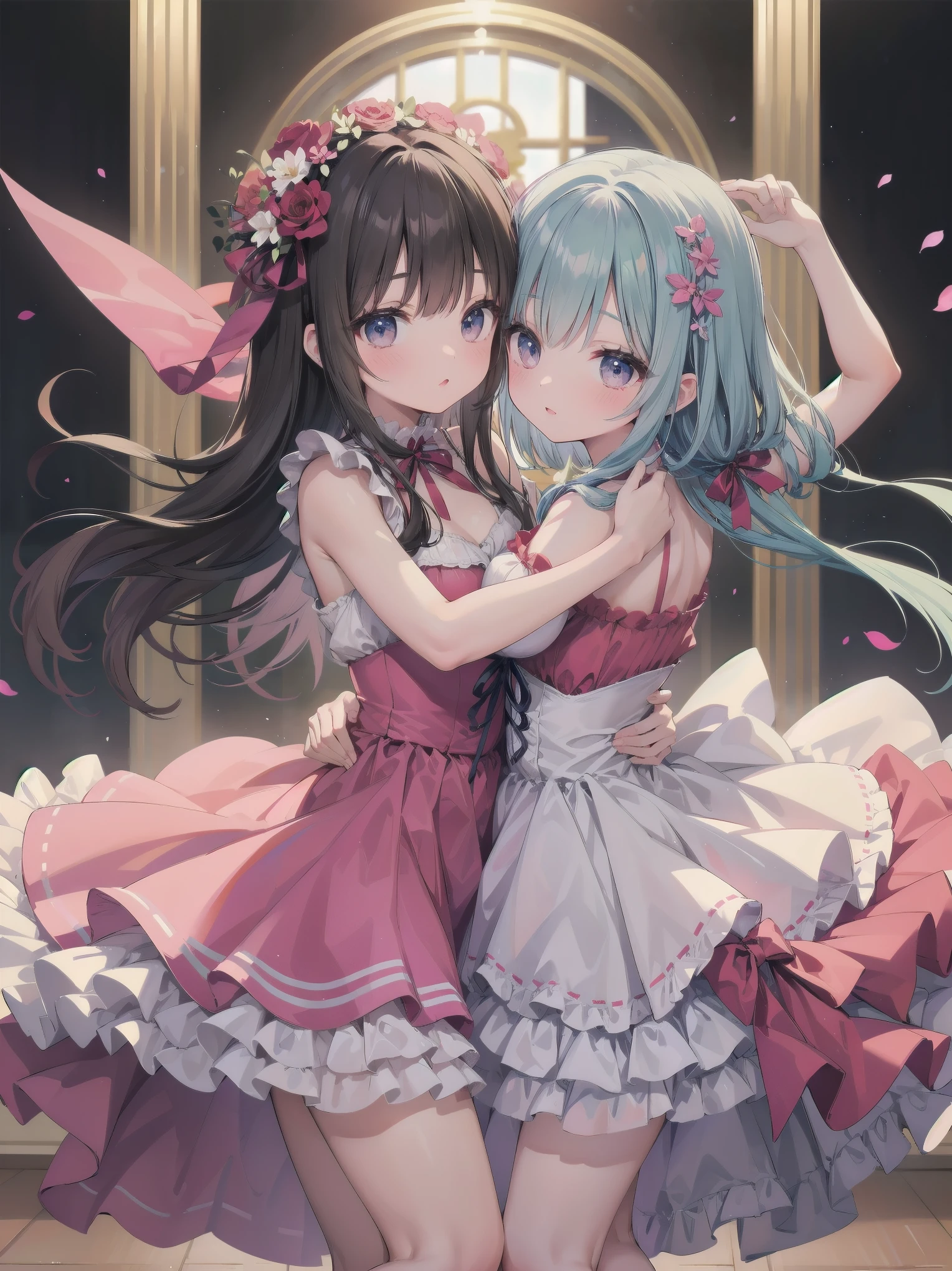 masterpiece、so beautiful、Clear contours、Beautiful girls wearing cute frilly dresses are dancing and making cute poses.