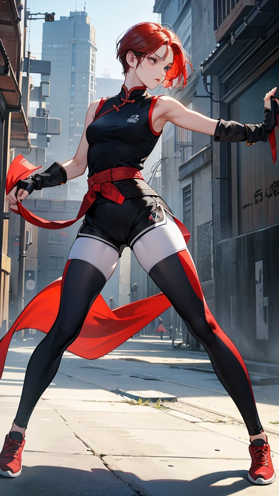 {{masterpiece}}, {{{best quality}}},{{ultra-detailed}}, {{illustration}},{{tall stature}},{{adult women}},skinny,Small breasts,Slender body,{{fighting stance}},((Leggings with integrated shorts)),Black leggings female fighter　Red hair short cut　Sleeveless uniform　Martial Arts Belt　,Chinese style,full body, black fingerless gloves,Street Fight,Slums