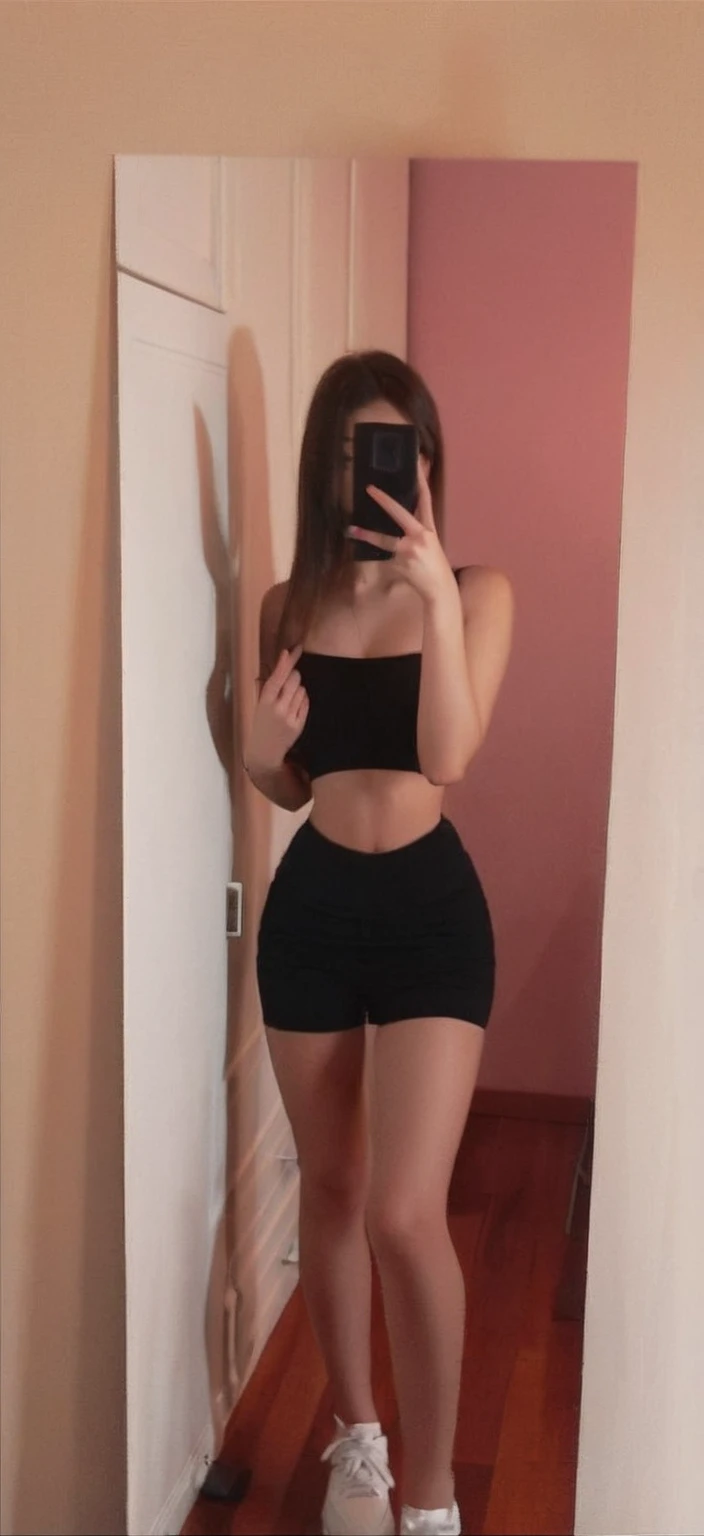 Arafed woman wearing a black top and shorts taking a selfie, 18 years, 2 4 year old female model, 1 8 son,  years old, 21 years, very sexy outfit, 22 years, sexy look, 19 years old, photo fit, she is about 2 0 years old, she is about 20 years old