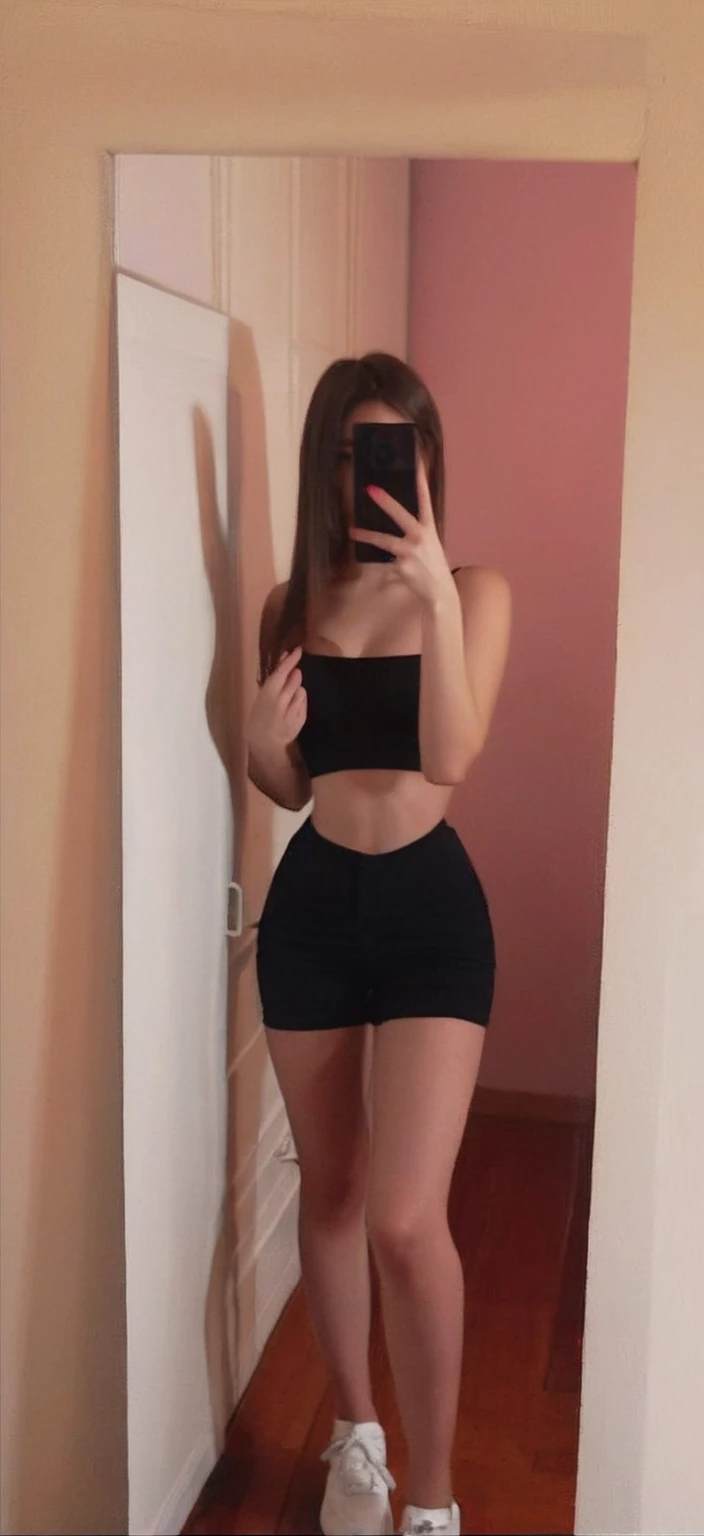 Arafed woman wearing a black top and shorts taking a selfie, 18 years, 2 4 year old female model, 1 8 son, , 21 years, very sexy outfit, 22 years, sexy look, 19 years old, photo fit, she is about 2 0 years old, she is about 20 years old