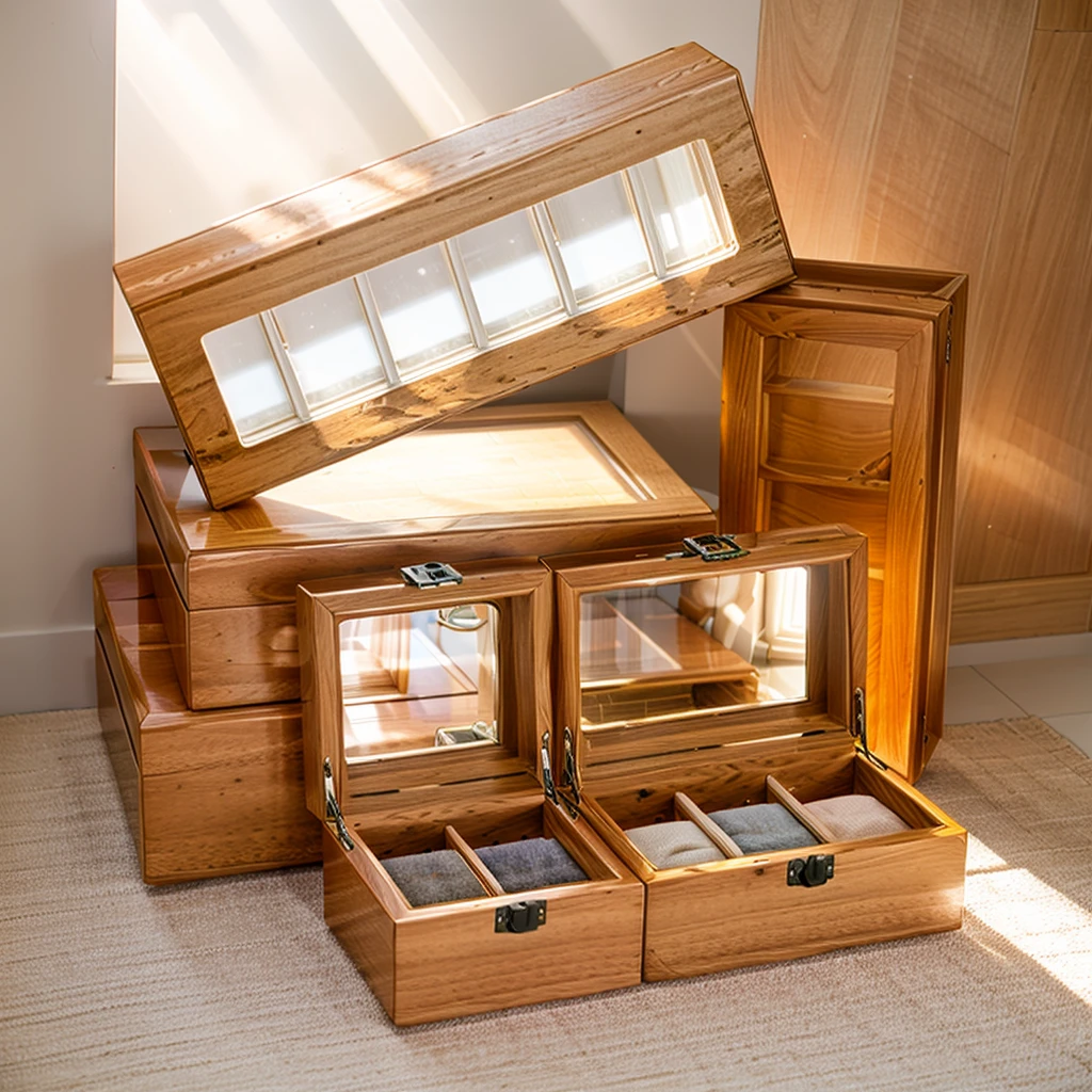 In this cozy room,A ray of sunlight shone through the half-drawn curtains on the table,Let the wood grain on the watch storage box shine with a faint luster。There was a calm and peaceful atmosphere in the air around them。There are several still lifes hanging on the walls of the room,It adds a touch of elegance to the space。And on the other side of the room,The half-open window lets in the breeze,The pages on the small desk by the window turned in the wind,This quiet scene gives a sense of tranquility and comfort。