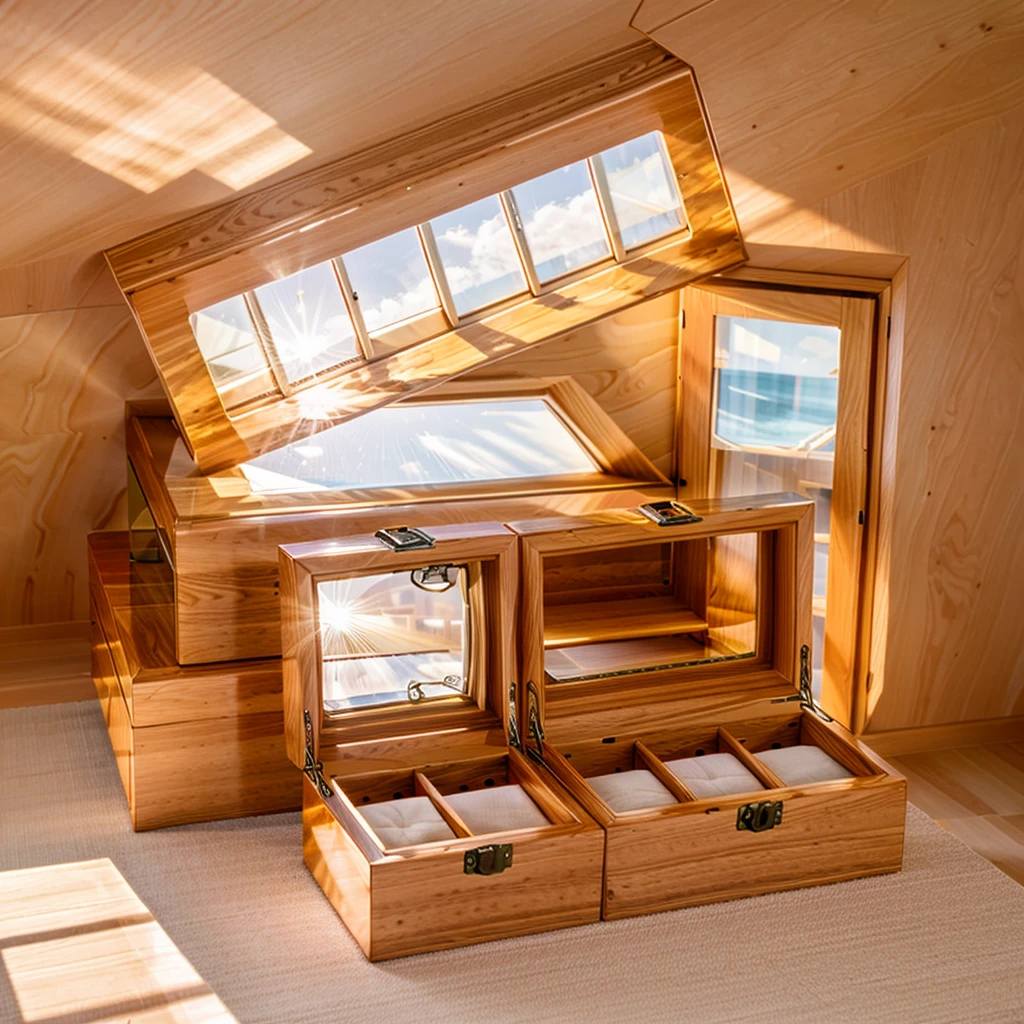 In this cozy room，A ray of sunlight shone through the half-drawn curtains on the table，Let the wood grain on the watch storage box shine with a faint luster。There was a calm and peaceful atmosphere in the air around them。There are several still lifes hanging on the walls of the room，It adds a touch of elegance to the space。And on the other side of the room，The half-open window lets in the breeze，The pages on the small desk by the window turned in the wind，This quiet scene gives a sense of tranquility and comfort。

