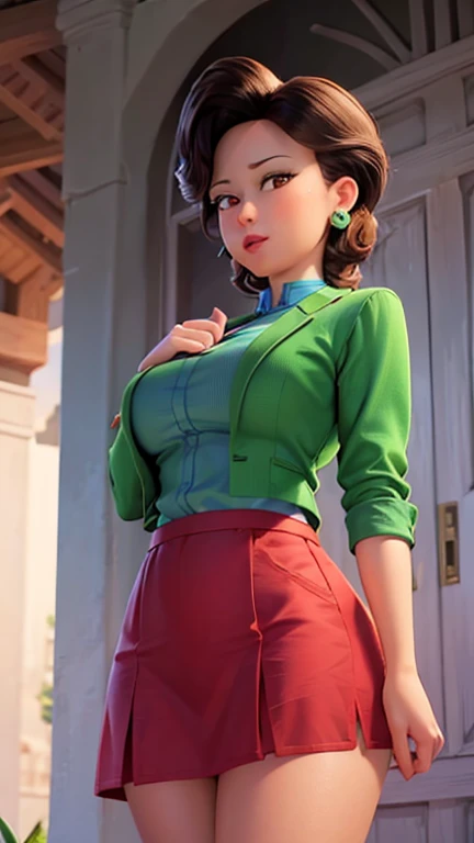 Short red hair, green skirt, lifts her skirt to show her underwear, with big breasts.
