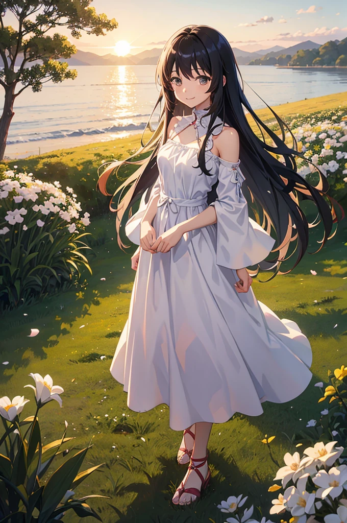anime style girl, 2D, 14-16 years old, tez blanca, cabello castaño a los shoulders, Straight hair, smiling, in a field at sunset, method, shoulders, waist, peasant dress
