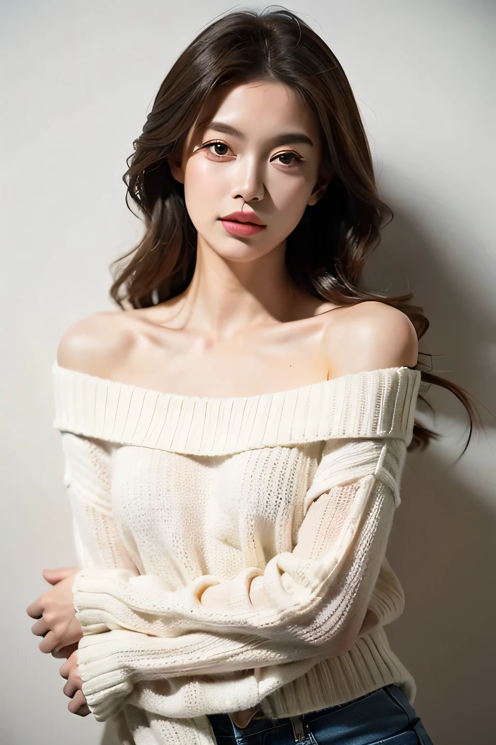 ((best quality)), ((masterpiece)), (detailed), 1 woman, off shoulder sweater,