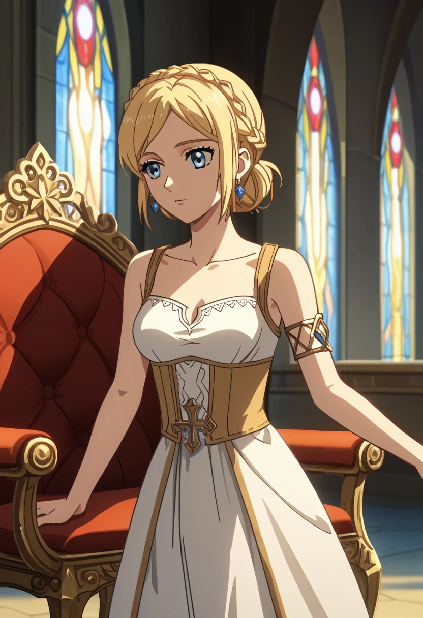 score_9, score_8_up, score_7_up, source_anime, best quality, high resolution, masterpiece, absurdres,vector trace,anime screencap, key art style, cinematic lighting, morning, 1girl, solo,  medieval, taint glass, historia reiss,blue eyes, blonde hair, medium breasts, sleeveless, collarbone, armlet, bare shoulders, long white royal tunic, throne room, formal, standing, historiaReiss, christa renz, , crown braid, ears, short hair, crown braid, earrings