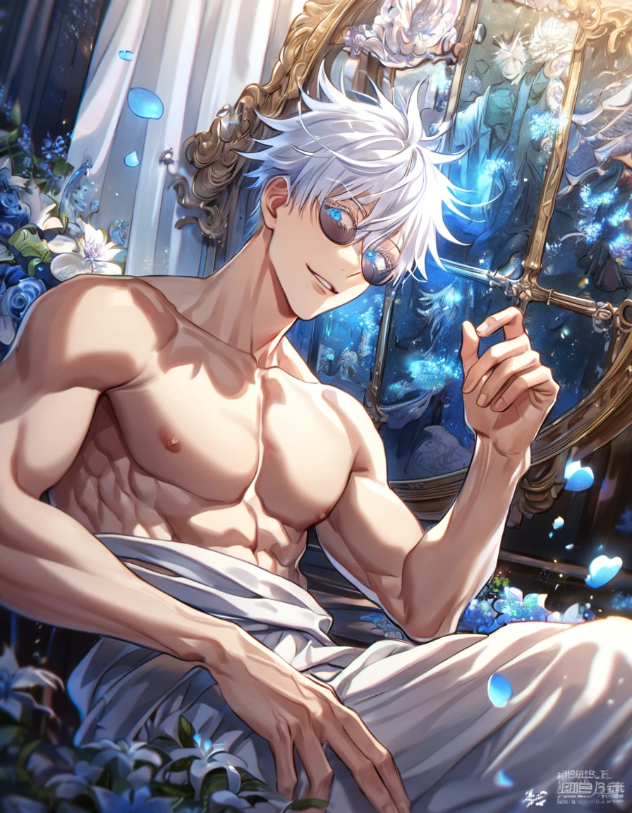 absurdres, highres, ultra detailed, HDR, master piece, Gojou Satoru, white hair with bangs, white eyelashes, expressive blue eyes, hair between the eyes, bare chest, toned chest, Jujutsu Kaisen, sexy man, room, handsome, best quality, flowers, fantasy, magical, solo, blue shining fireflies, blue petals, black round sunglasses, handsome smile, white baggy pants