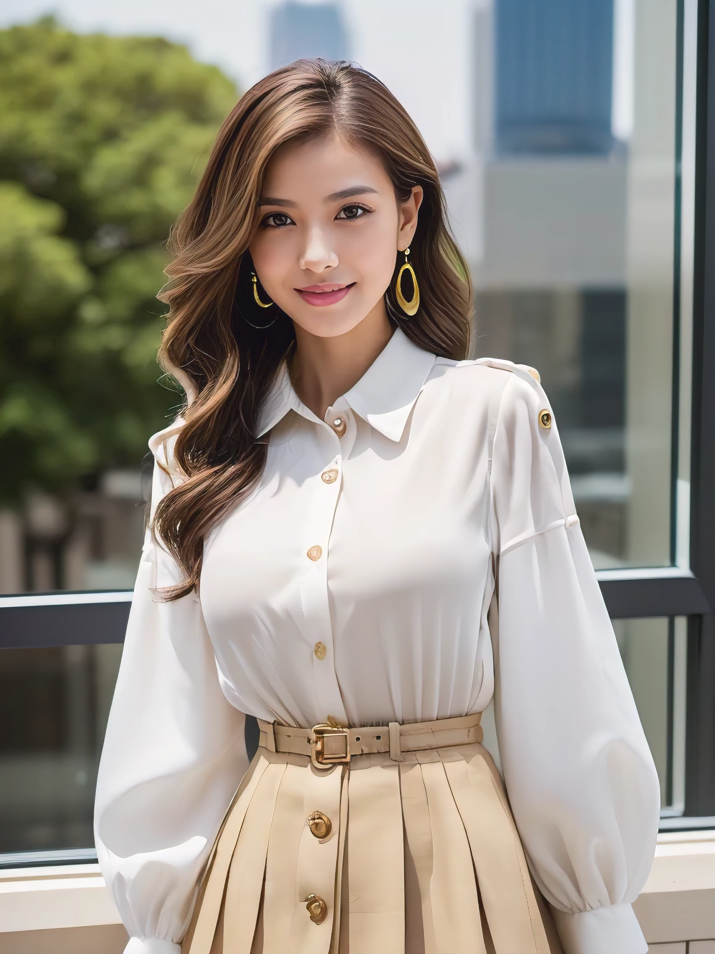 ((Highest quality, 8k, masterpiece: 1.3)), 1 girl, smile, whole body, Slim face, Beautiful woman, Medium dark brown hair, The upper body is a crisp white shirt, The top half is black straight suit pants, High heels, Highly detailed face, fine grain, double eyelid, Blurred Background, Slim face, Skyscraper, Westshot,((Loosely inward wavy hair:1.2)),((Gold Necklace_Big earrings:1.2)),((Extra Long Brown Hair:1.2))((White long sleeve button up blouse_With collar_Delete up to the second button_Brown pleated mini skirt:1.3)),((Looking down at the viewer,From below:1.5)),((Full figured supermodel standing, フレーム内のwhole body))((The skyscrapers outside the window look hazy:1.4)),