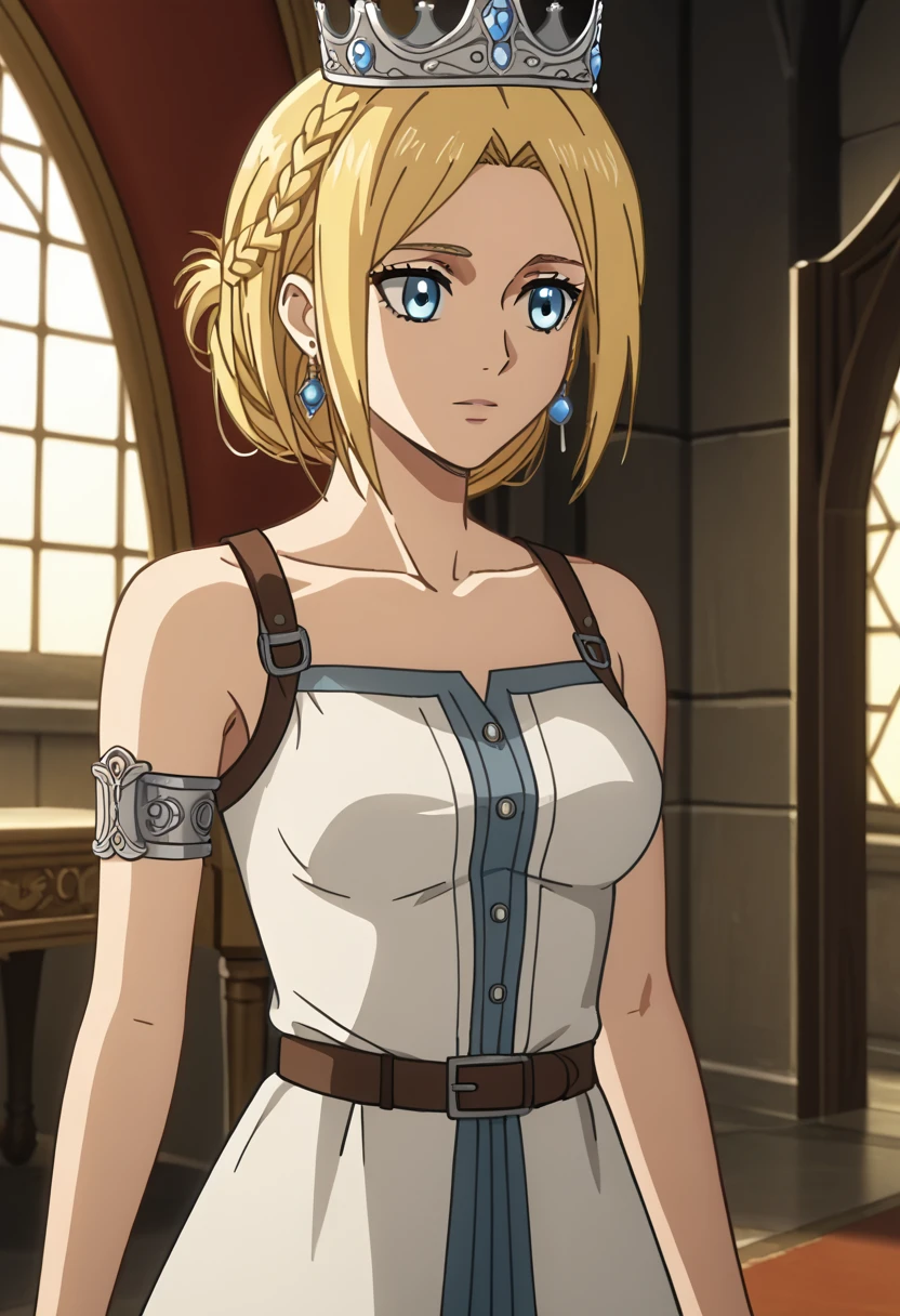 score_9, score_8_up, score_7_up, source_anime, best quality, high resolution, masterpiece, absurdres,vector trace,anime screencap, key art style, cinematic lighting, morning, 1girl, solo, medieval, taint glass, historia reiss,blue eyes, blonde hair, medium breasts, sleeveless, collarbone, armlet, bare shoulders, long white royal tunic, throne room, formal, standing, historiaReiss, christa renz, , crown braid, ears, short hair, crown braid, earrings