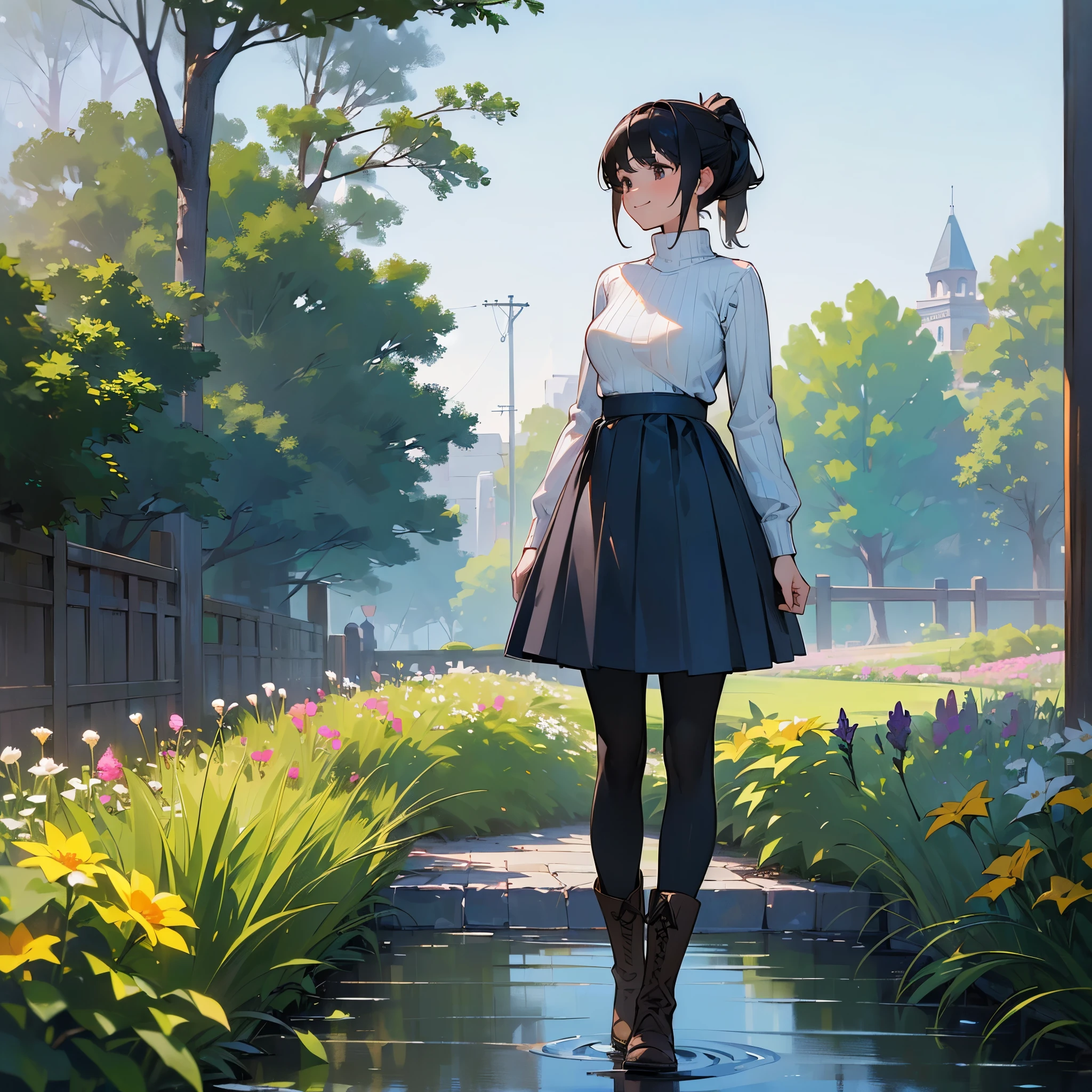 (high quality, High resolution, Very detailed, reality:1.37), Peaceful atmosphere, (Outdoor, garden), Teenage girl standing alone, (my breasts are big.), Beautiful details, Cute Smile, (Black hair ponytail), Ribbed sweater, Blue Skirt, Black tights, Brown boots.