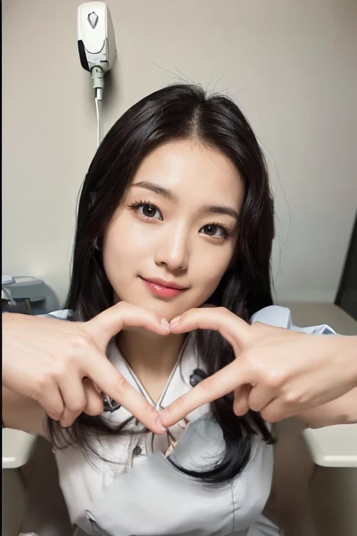 (cowbody shot), 1girl, (hands in shape of heart), smiling beautiful Japanese female nurse wearing fitted nurse dress, beautiful detailed face, Japanese woman, sitting, black hair, pale skin, realistic skin, detailed cloth texture, detailed hair texture, Perfect proportion, accurate, Anatomically correct, Highly detailed face and skin texture, modern hospital ward, photorealistic