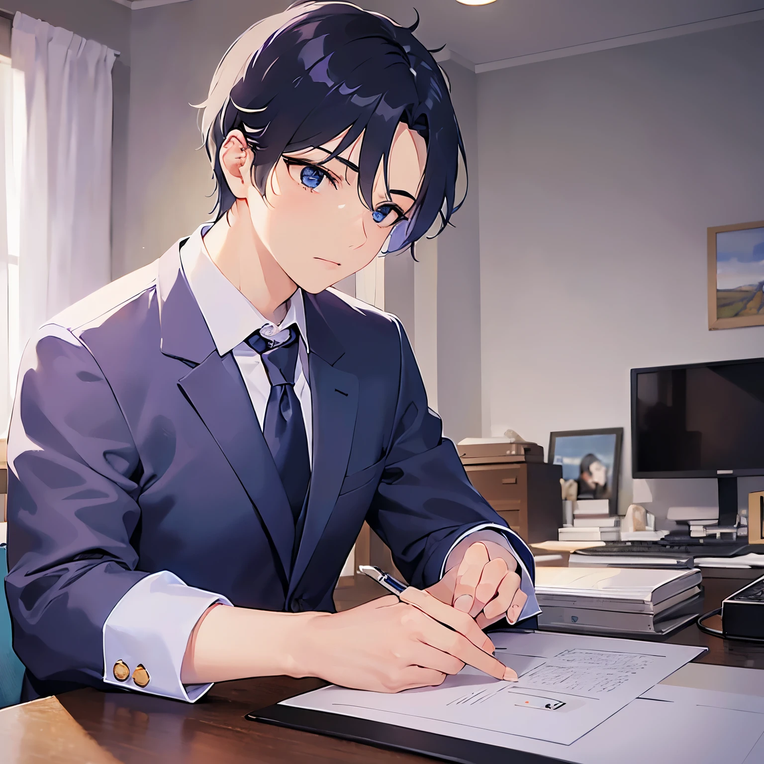 (looking away:1.5),upper body、
shiny skin, masterpiece、Highest quality、(25-year-old male:1.5) and (Black short hair) and (blue eyes)
 (Wearing a suit:1.5) and (Blue tie)、
serious、Background is an office room、(Alone:1.5)